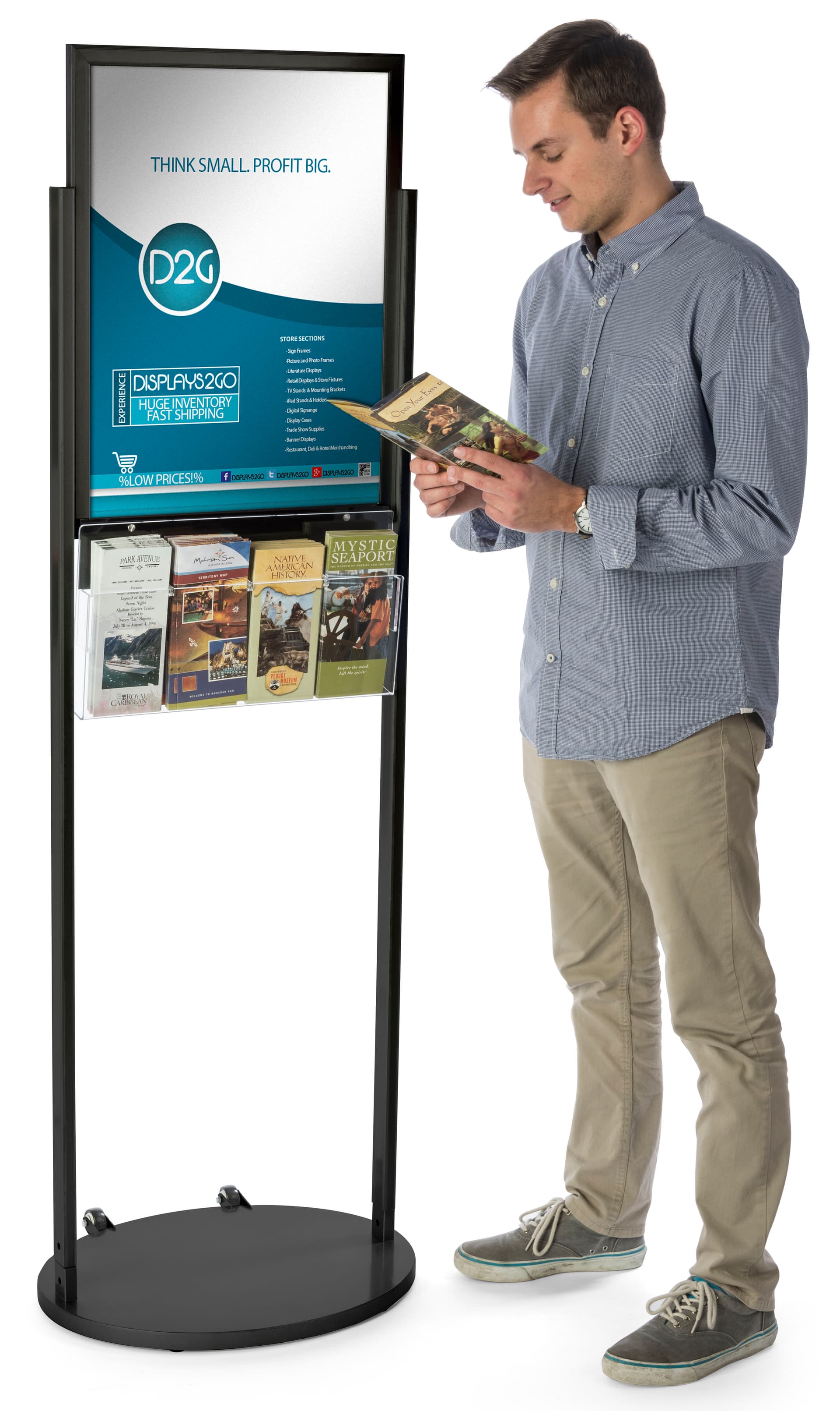 Black 18 x 24 Mobile Poster Stand with 4 Brochure Pockets, Rolling Base 