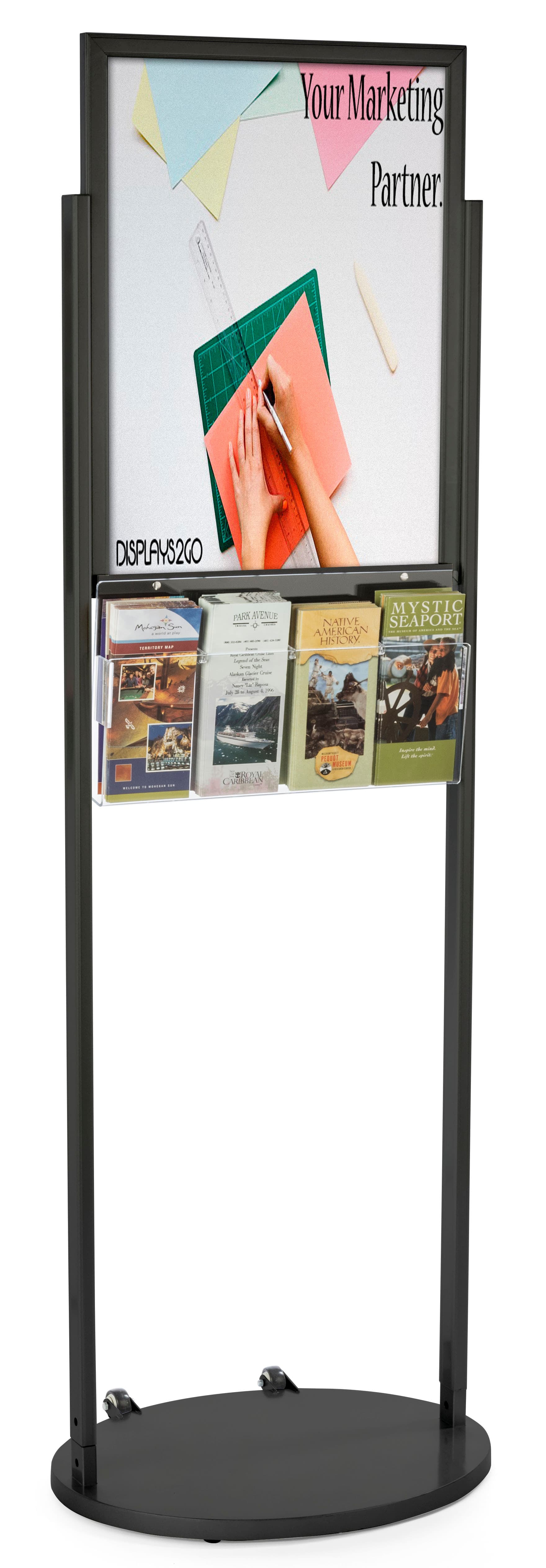 Black 18 x 24 Wheeled Poster Display with 8 Pamphlet Pockets with Poster Backer 