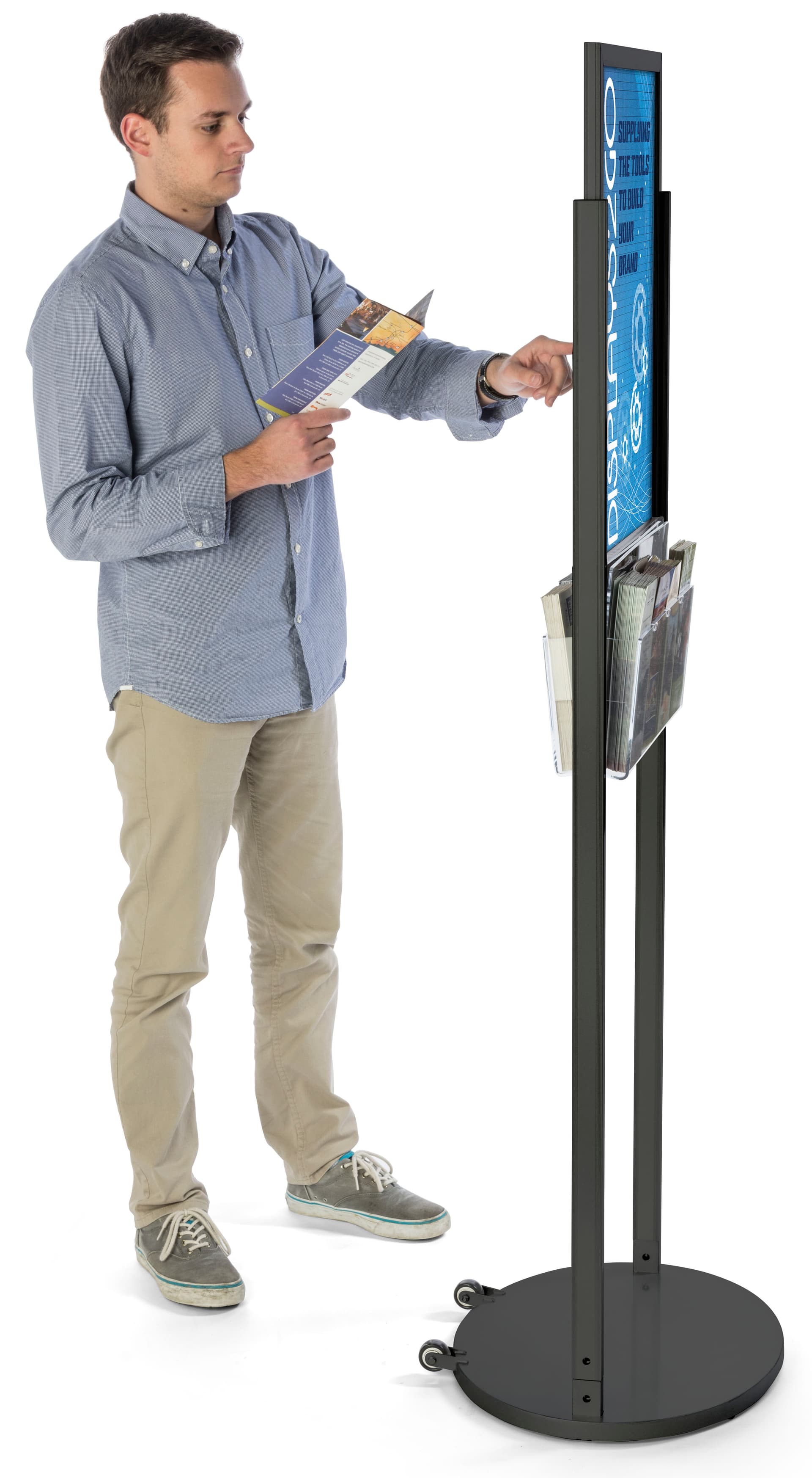 Black 18 x 24 Wheeled Poster Display with 8 Pamphlet Pockets, Powder Coated