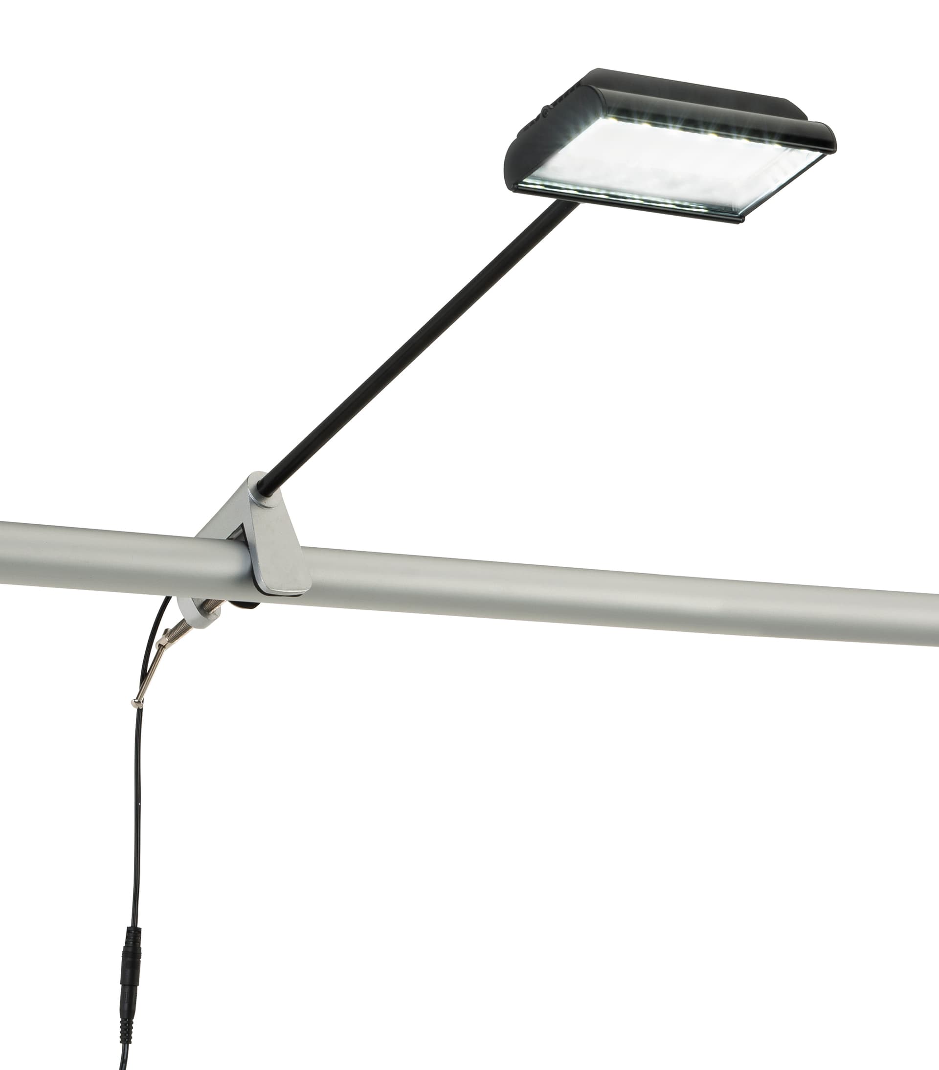 LED exhibit stem light clamp fits backdrop pole or flat surface