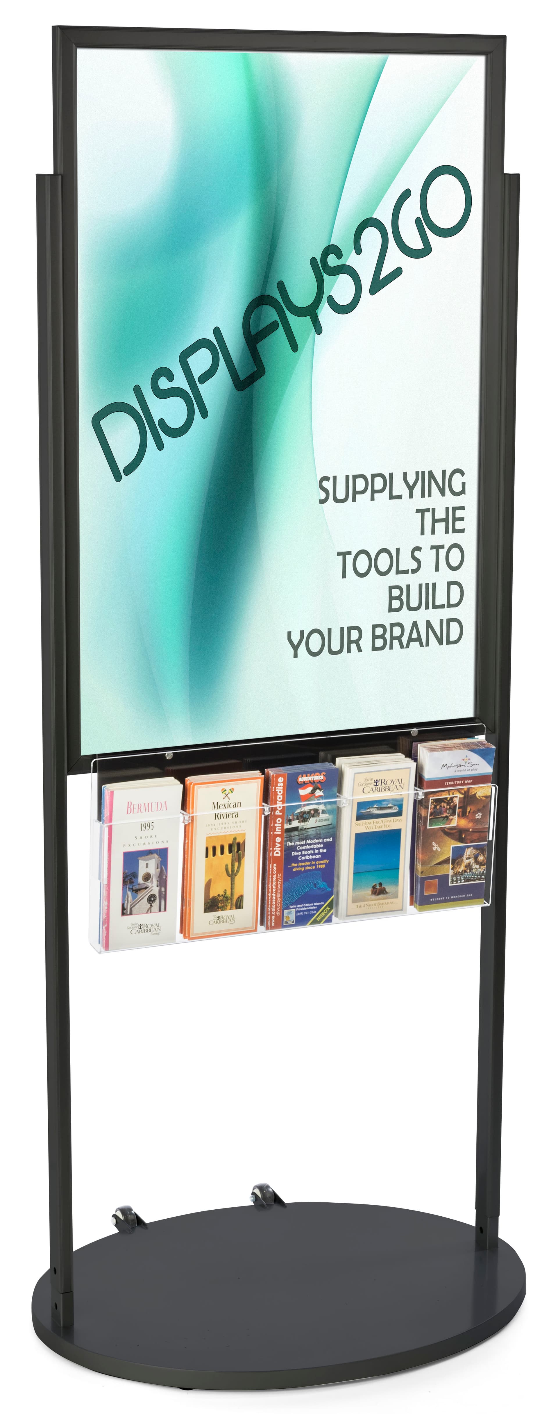 Black 24 x 36 Mobile Poster Display with 10 Literature Slots, Floorstanding