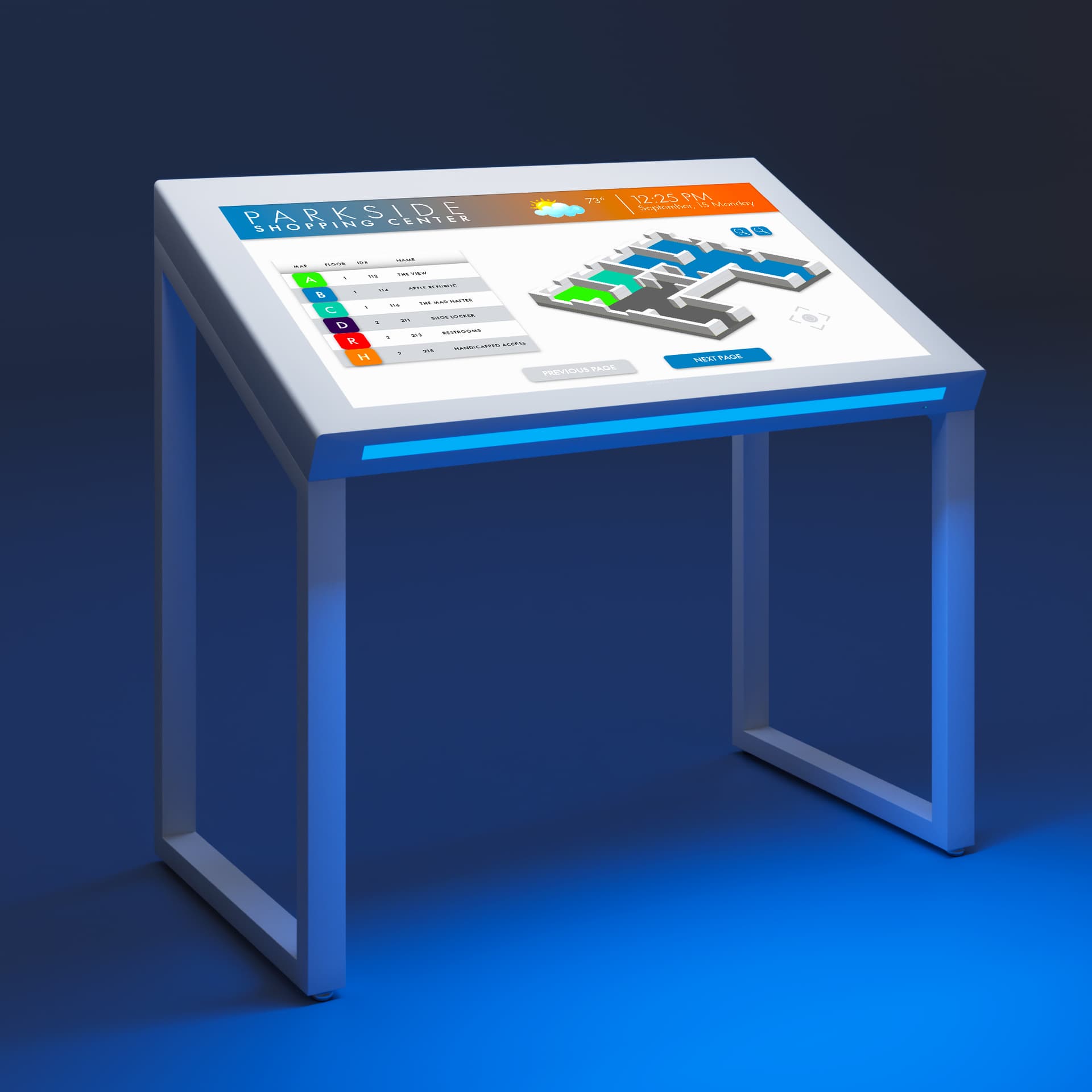 Edge lit horizontal touch screen kiosk shown in dark space to showcase the illuminated LED strip feature