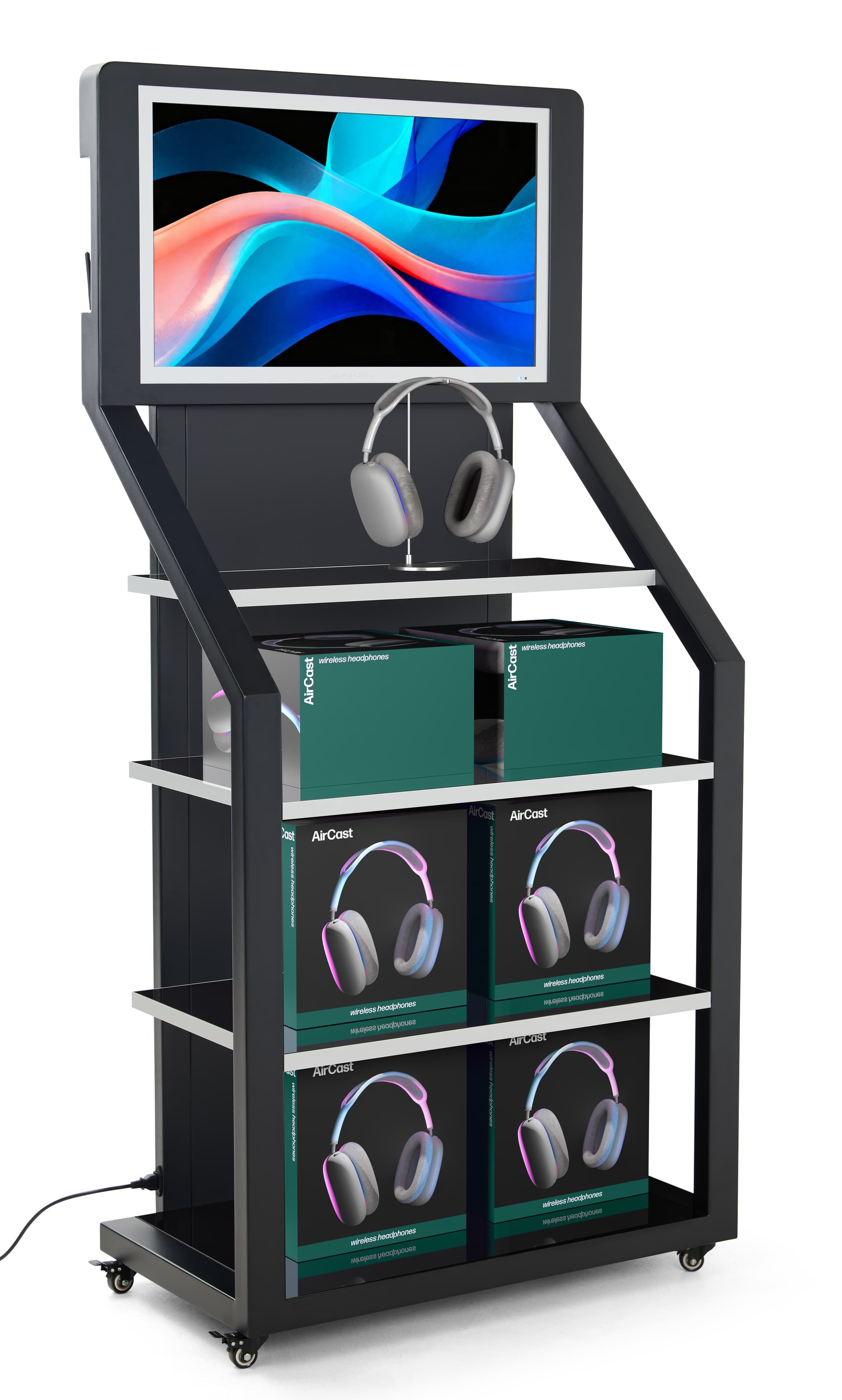 Product display shelves with headphones displayed