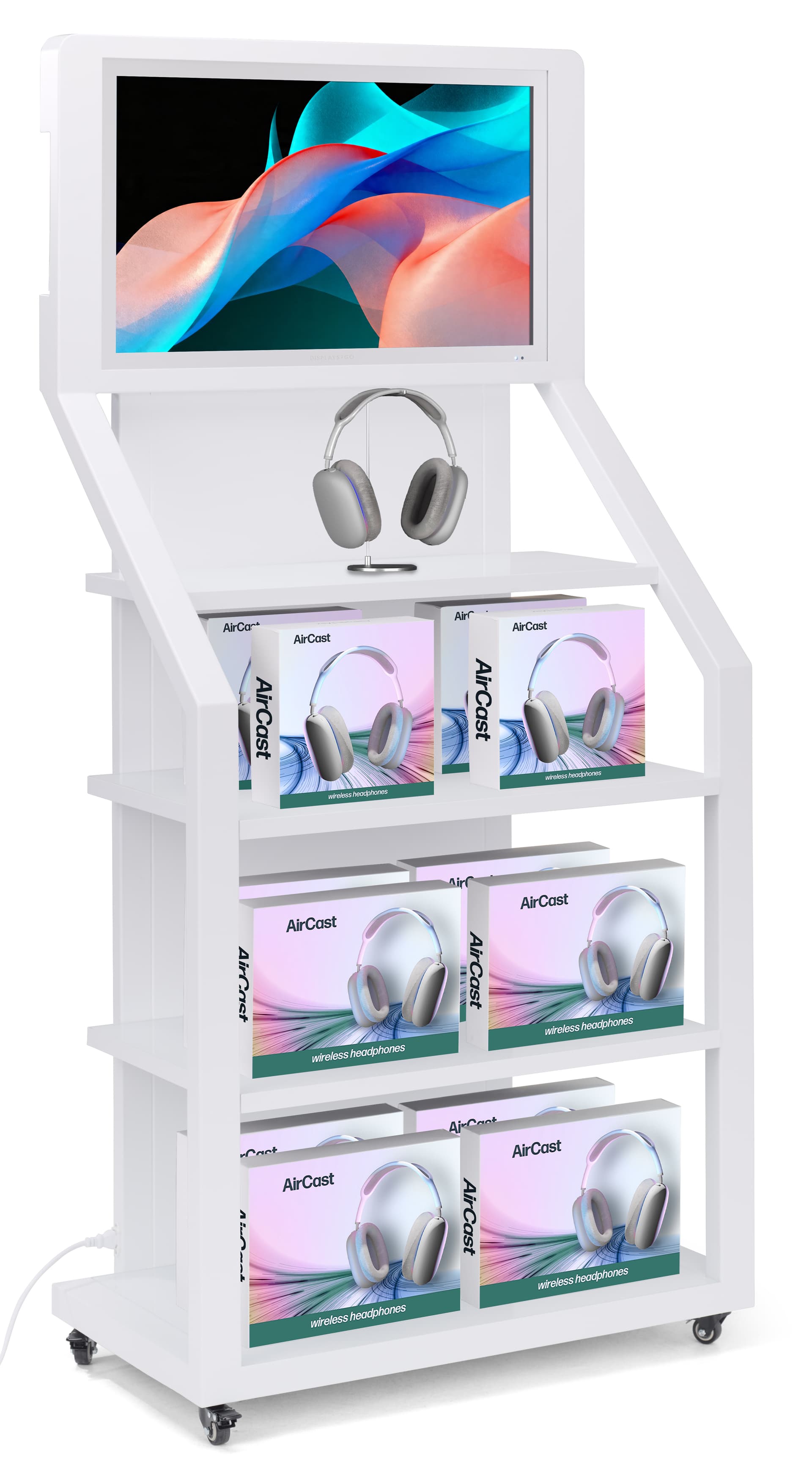 Product display shelves showcasing headphones being stocked on each shelf