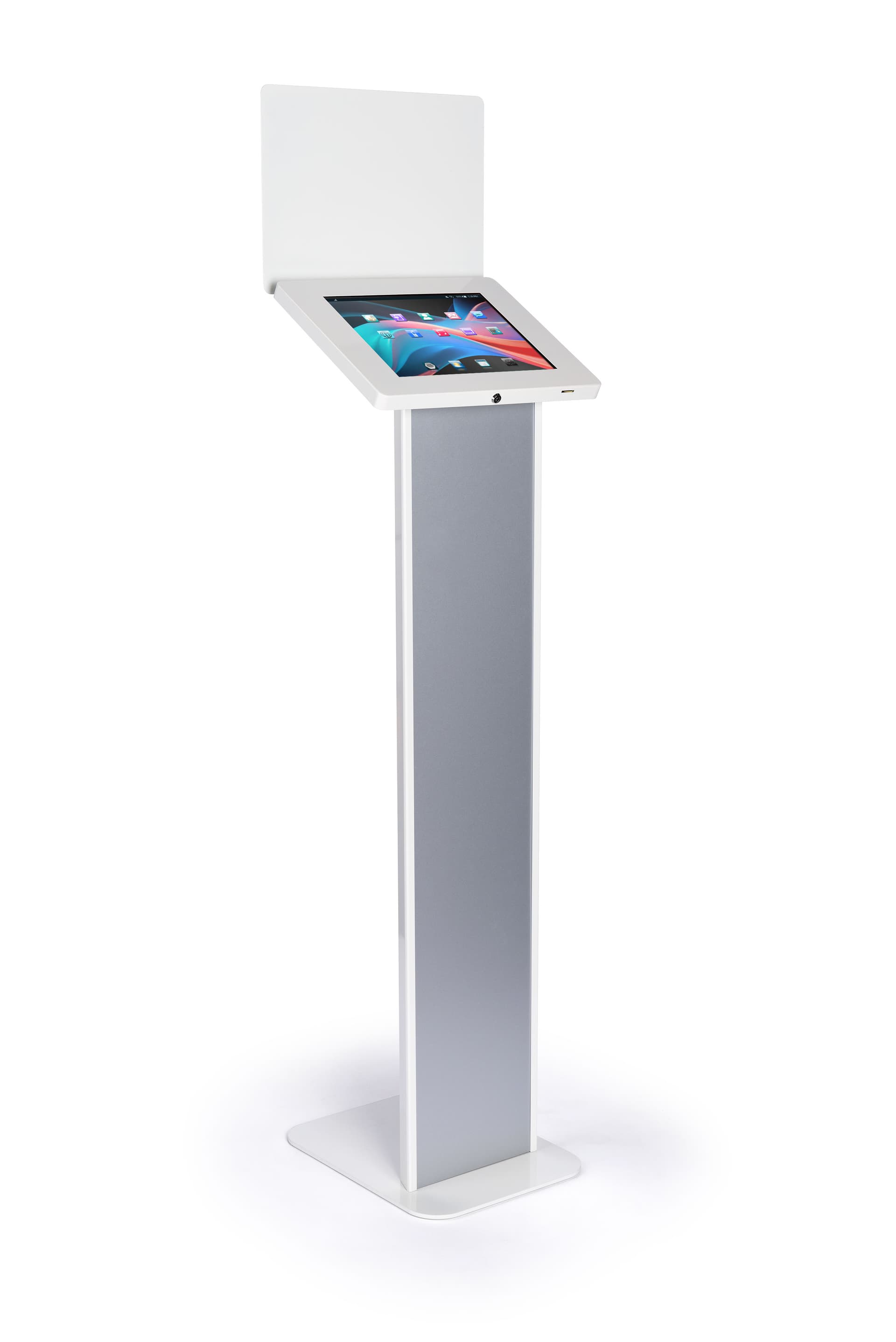 Silver and white iPad panel kiosk with sturdy base