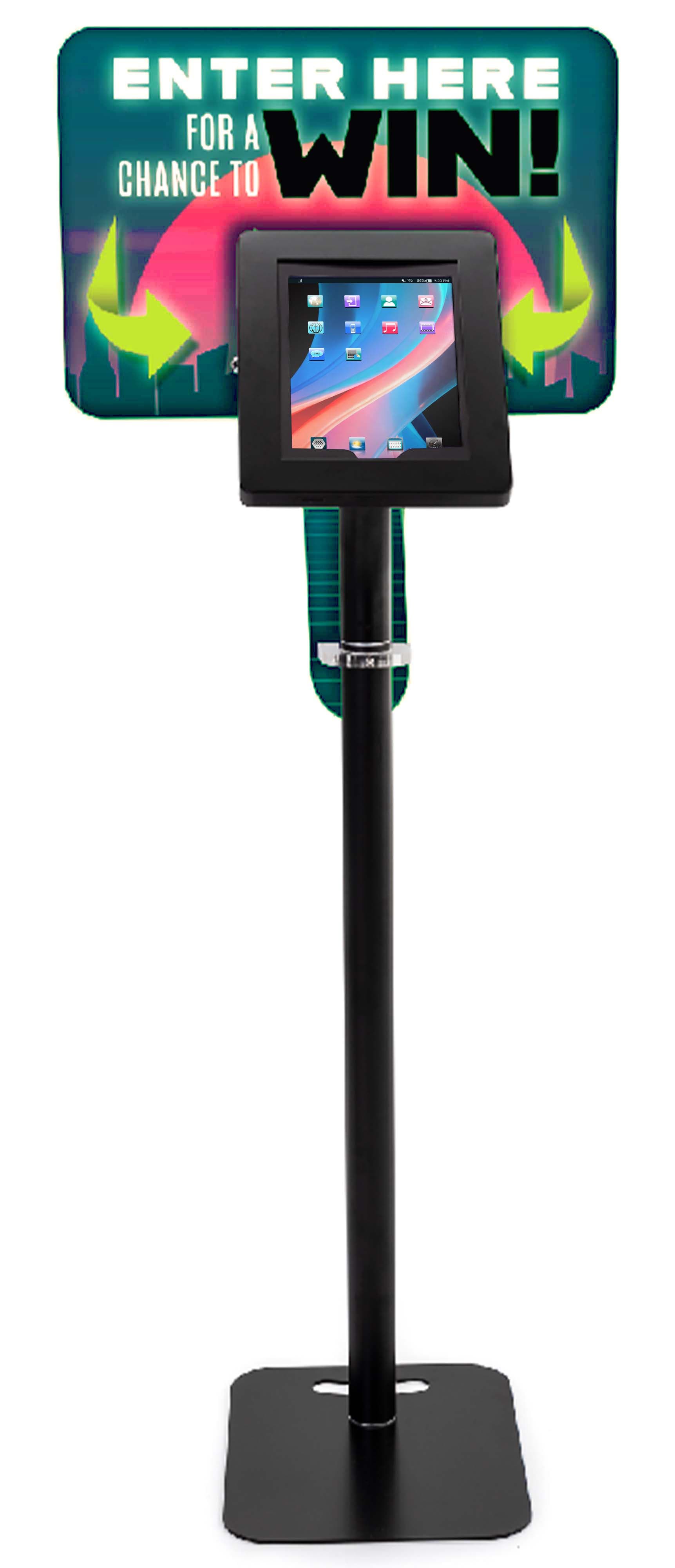 Height adjustable iPad display with graphics made from black steel