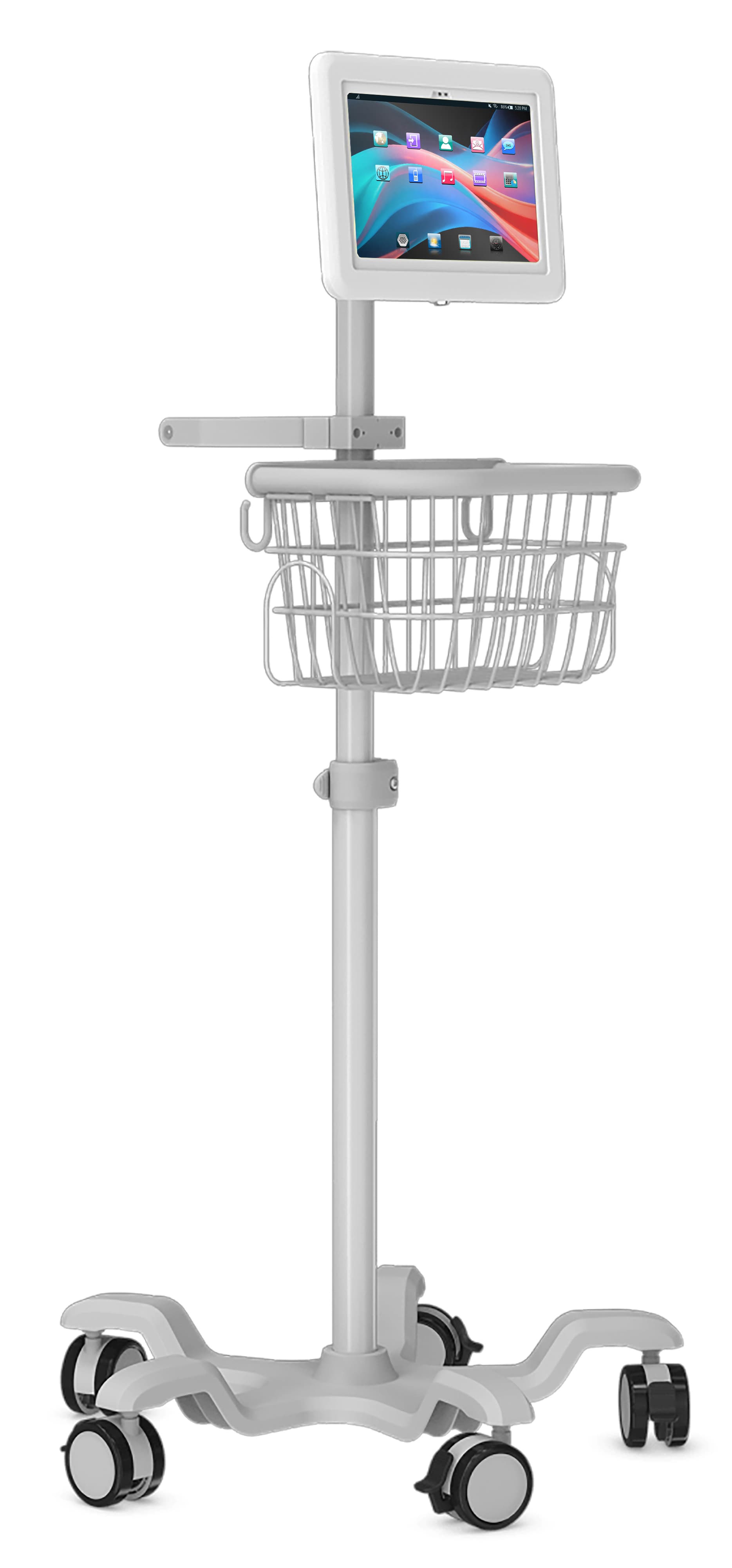 Medical tablet cart for Galaxy Tab with clean white aluminum construction