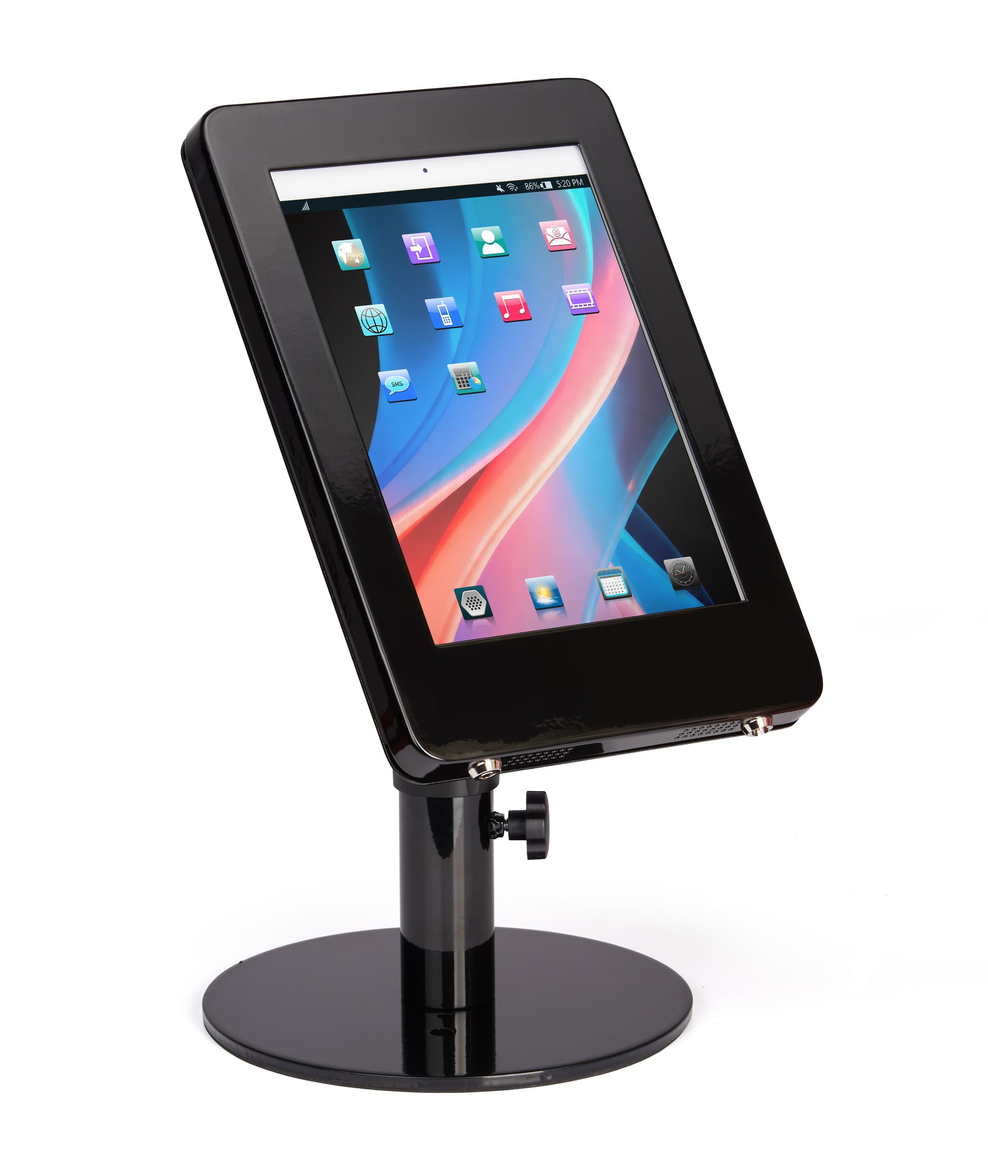 Black adjustable countertop iPad stand with powder-coated aluminum enclosure