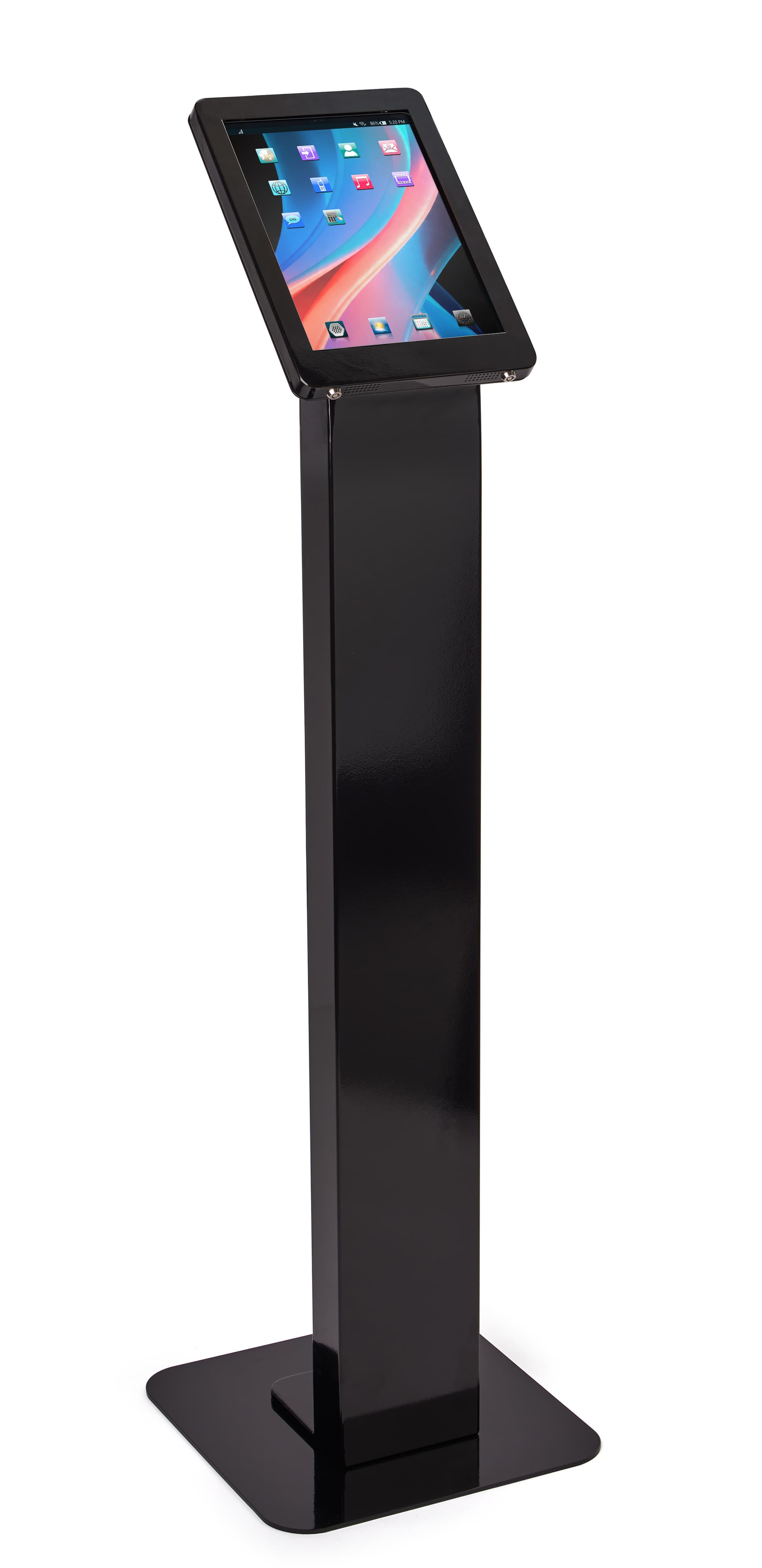 Black rotating standing iPad floor kiosk switches from portrait to landscape mode