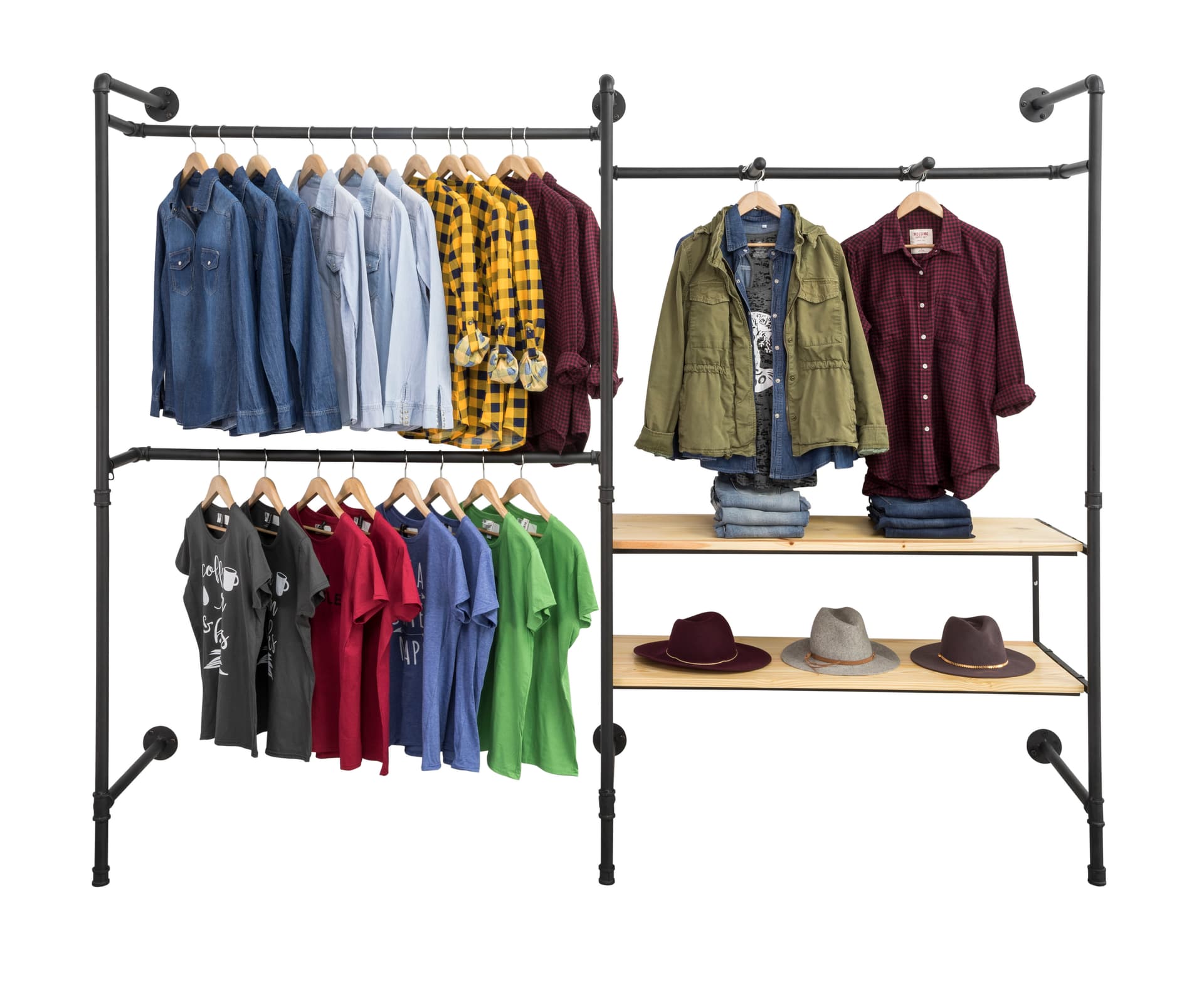 Double Pipe Outrigger Wall Display Showcasing Shirts and Hats