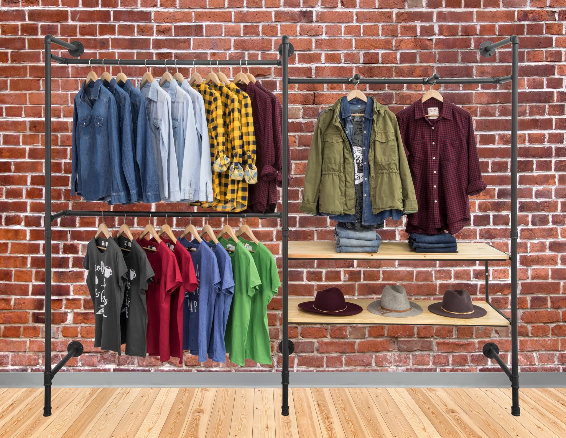 Double Pipe Outrigger Wall Display for Showcasing Folded and Hanging Clothing