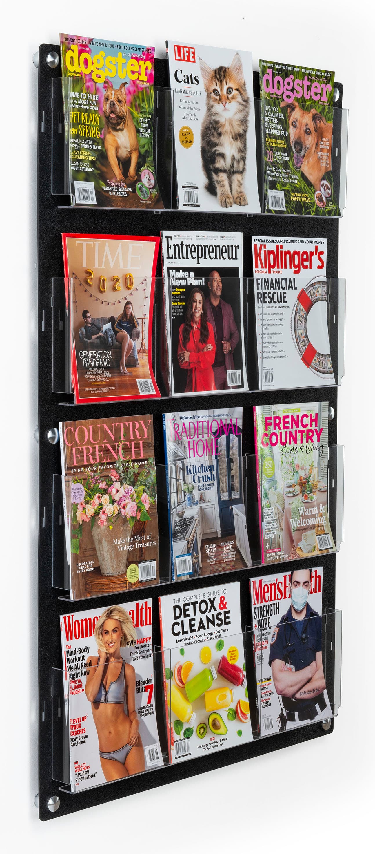 29 inch x 47.5 inch multi-pocket acrylic brochure rack holds a minimum of 12 adjustable pockets