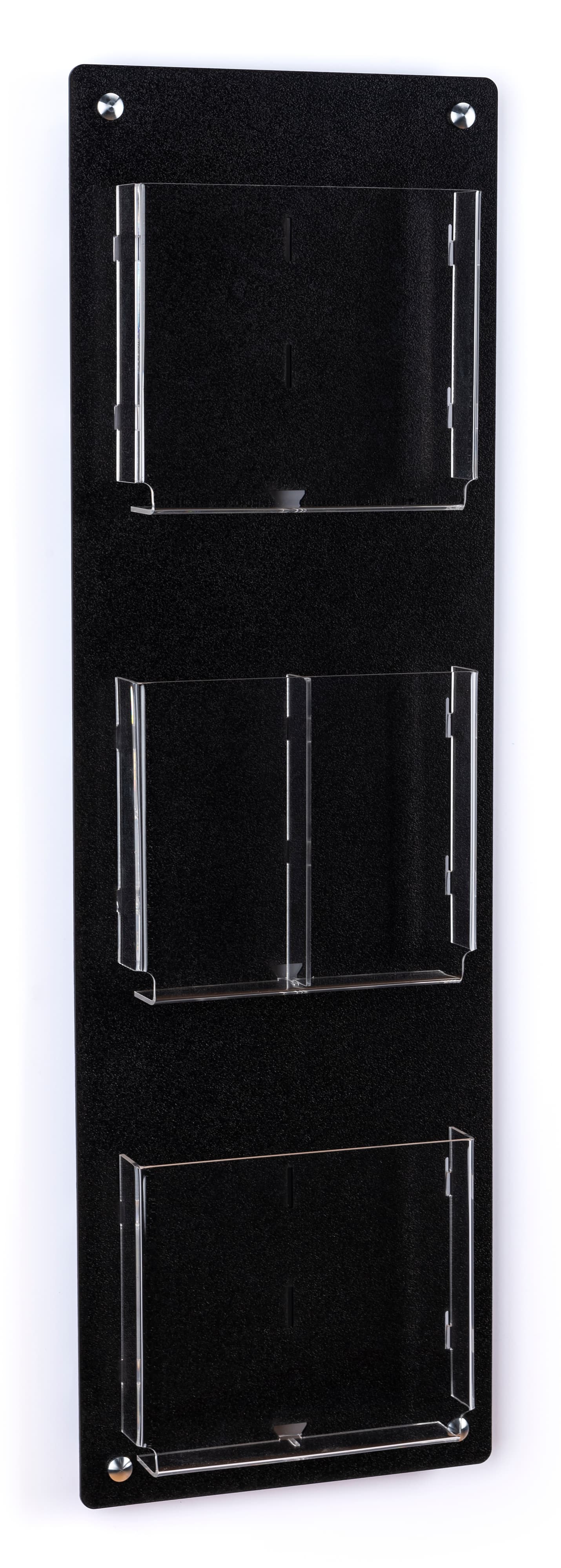 Wall mounting magazine and brochure holder with acrylic pocket dividers 