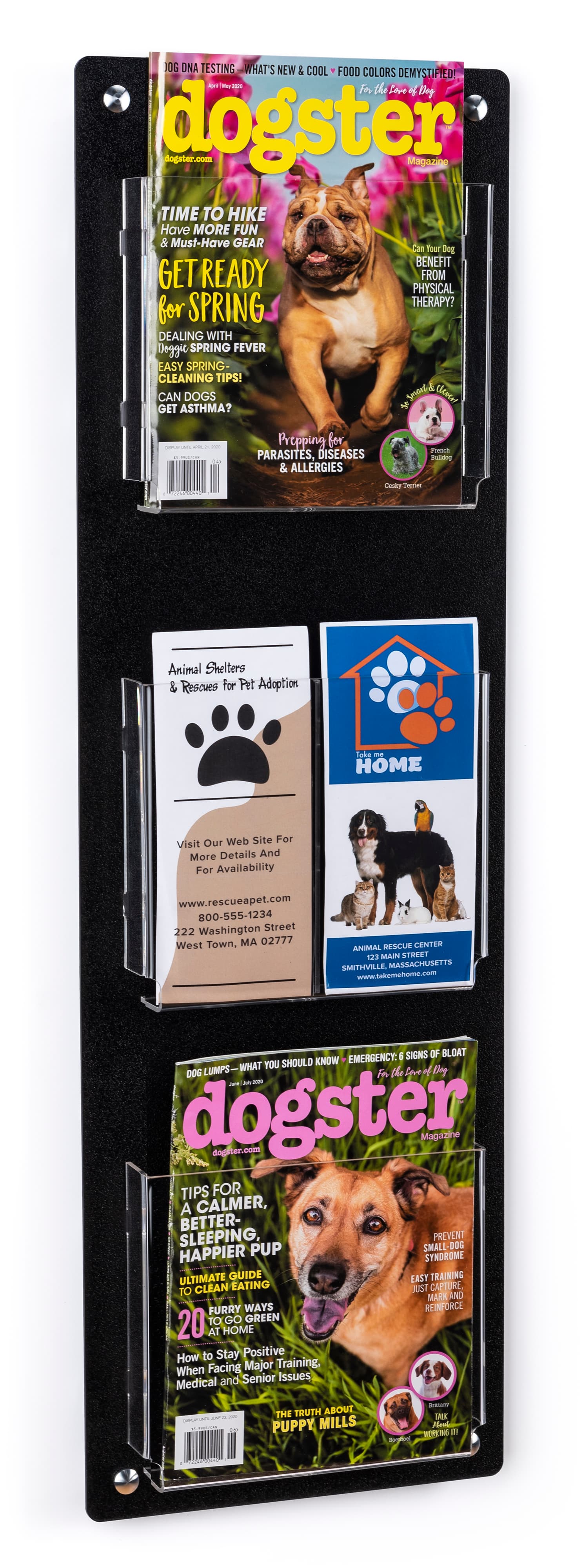 Black wall mounting magazine and brochure holder