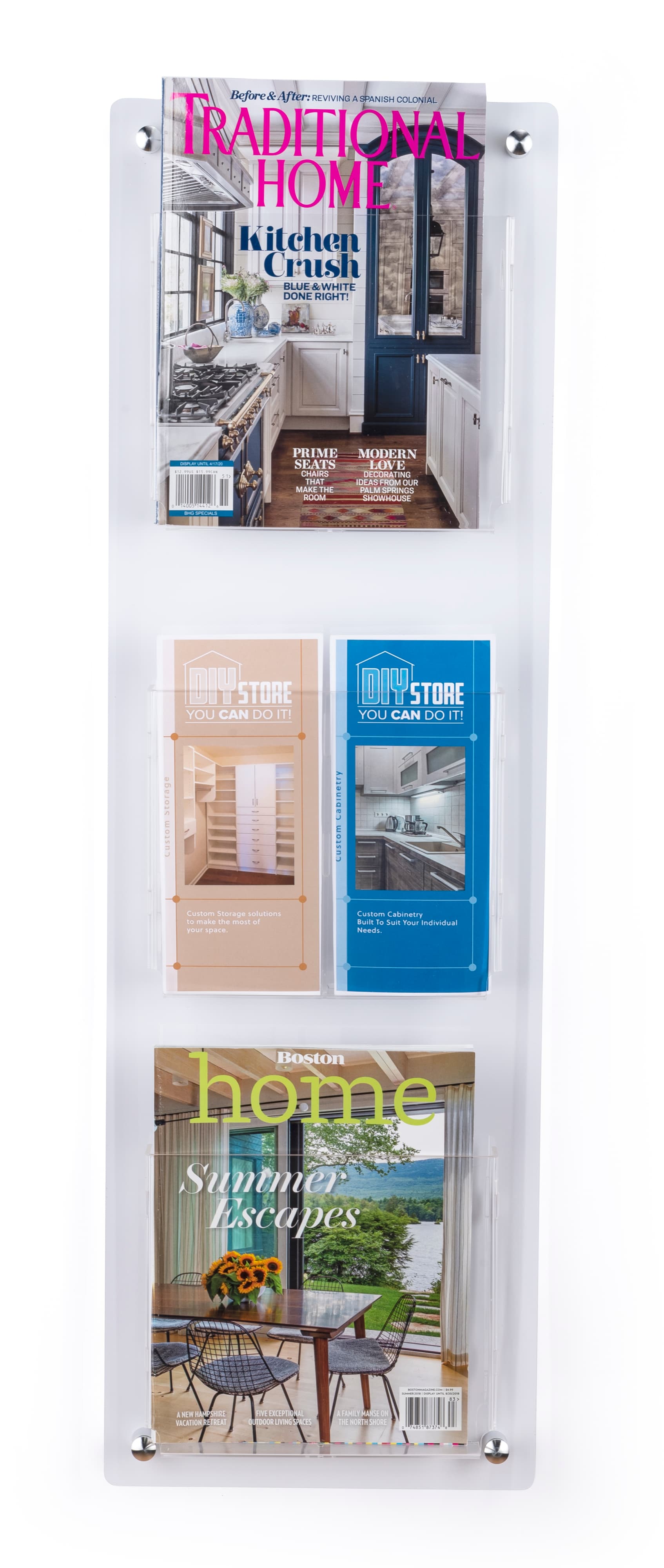 3-tier wall mounted literature rack with sleek stainless steel standoffs 