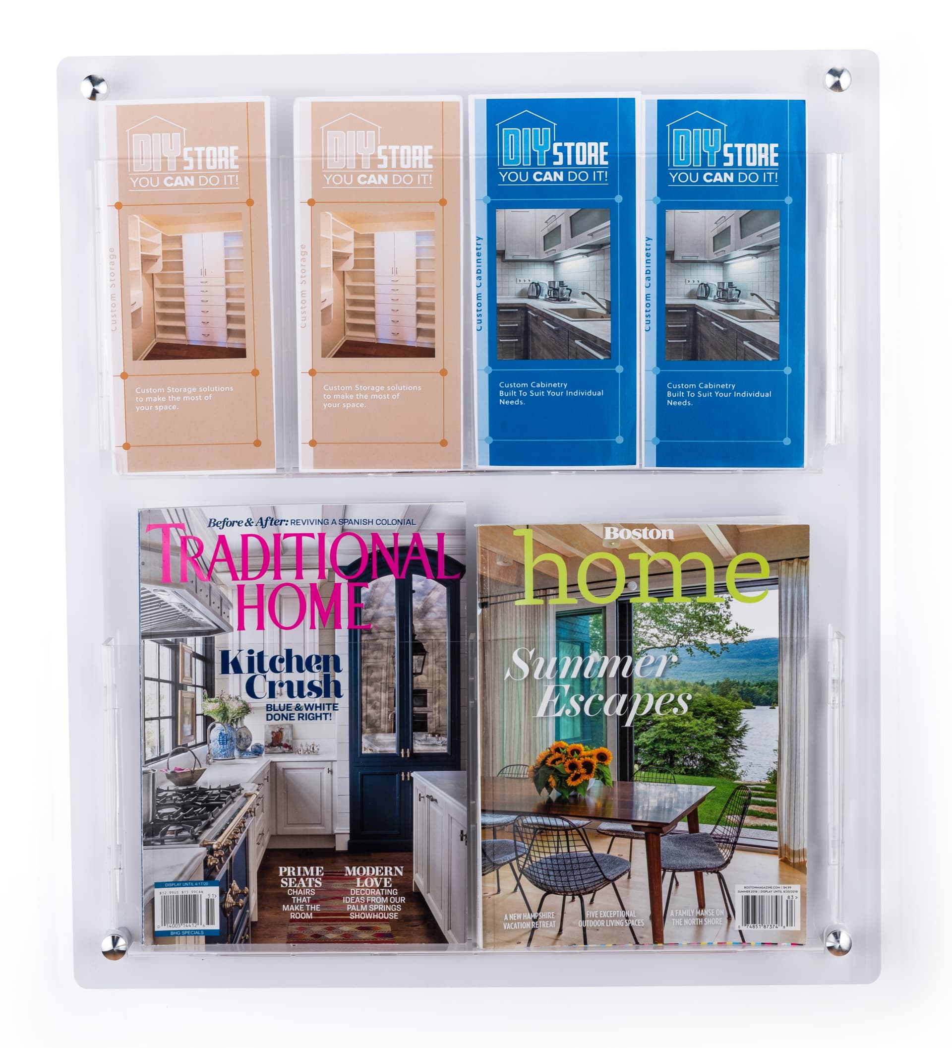 Wall mounted literature holder with stainless steel standoffs 