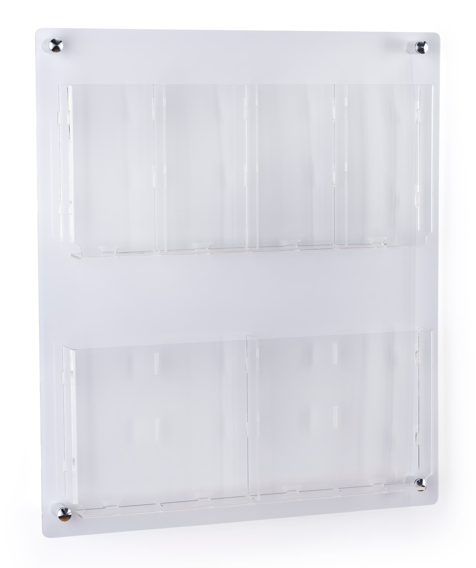 Wall mounted literature holder with 4 acrylic dividers to make 8 pockets 