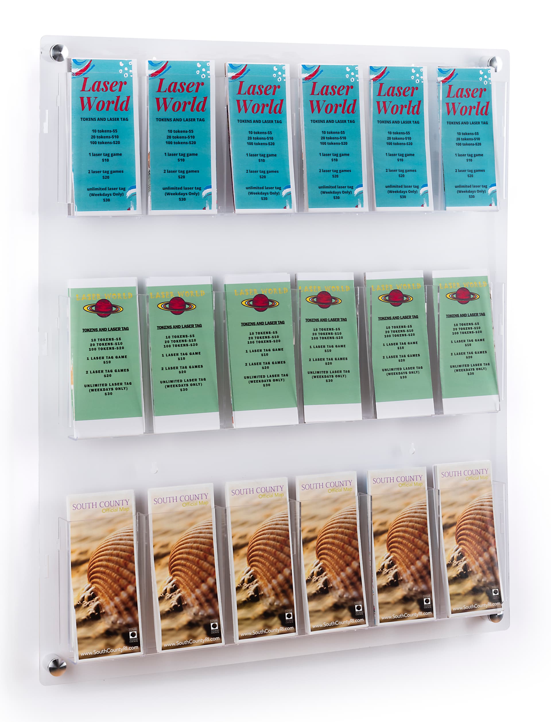 29.0 inch x 35.0 inch 3-tiered acrylic literature wall rack with 18 pockets for brochures 