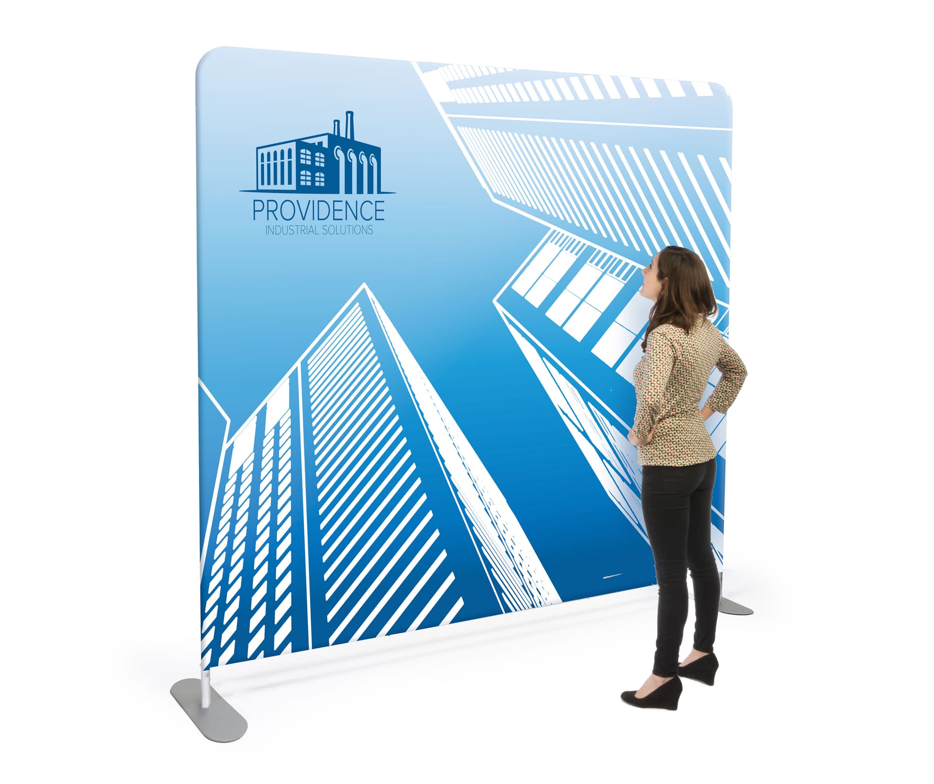 Single sided 8’ wide banner backdrop with wrinkle free look 