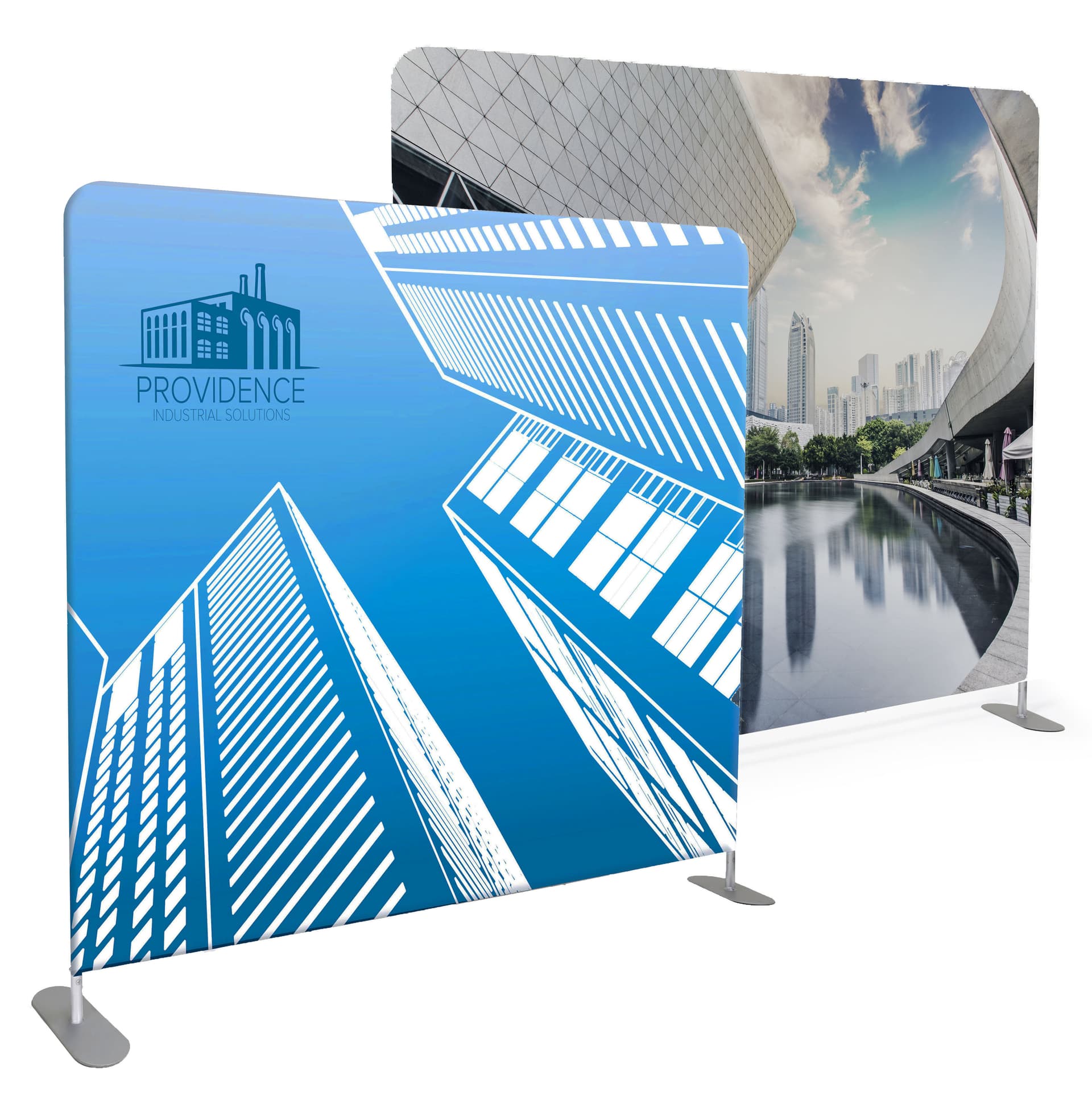Double sided 8’ wide banner backdrop with front and back printing areas 