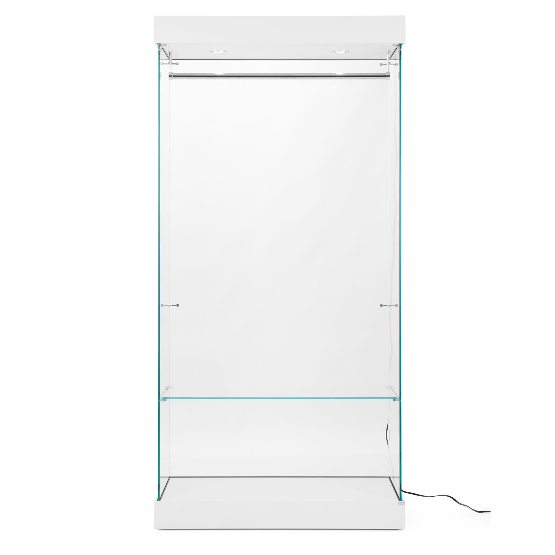 Retail glass wardrobe comes with lower shelf and top hanging bar
