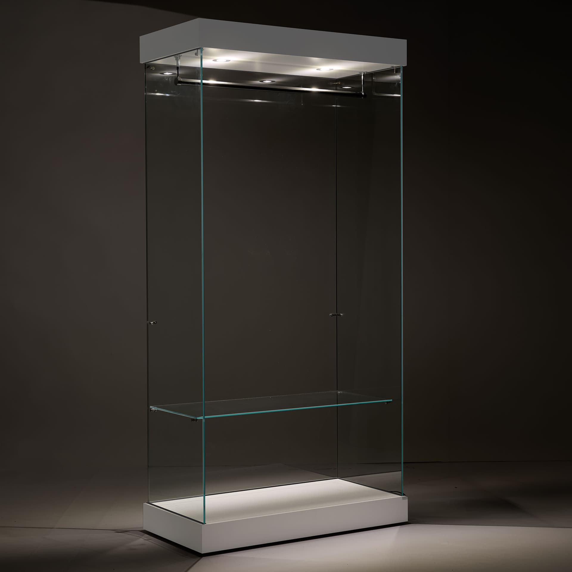 Retail glass wardrobe has integrated halogen spotlights