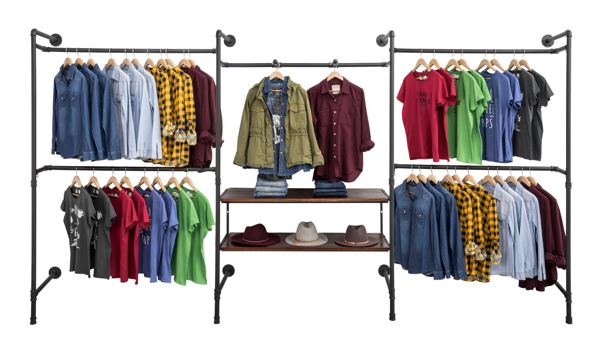 Pipe Outrigger Retail Wall System with 2 Front Facing Clothing Bars