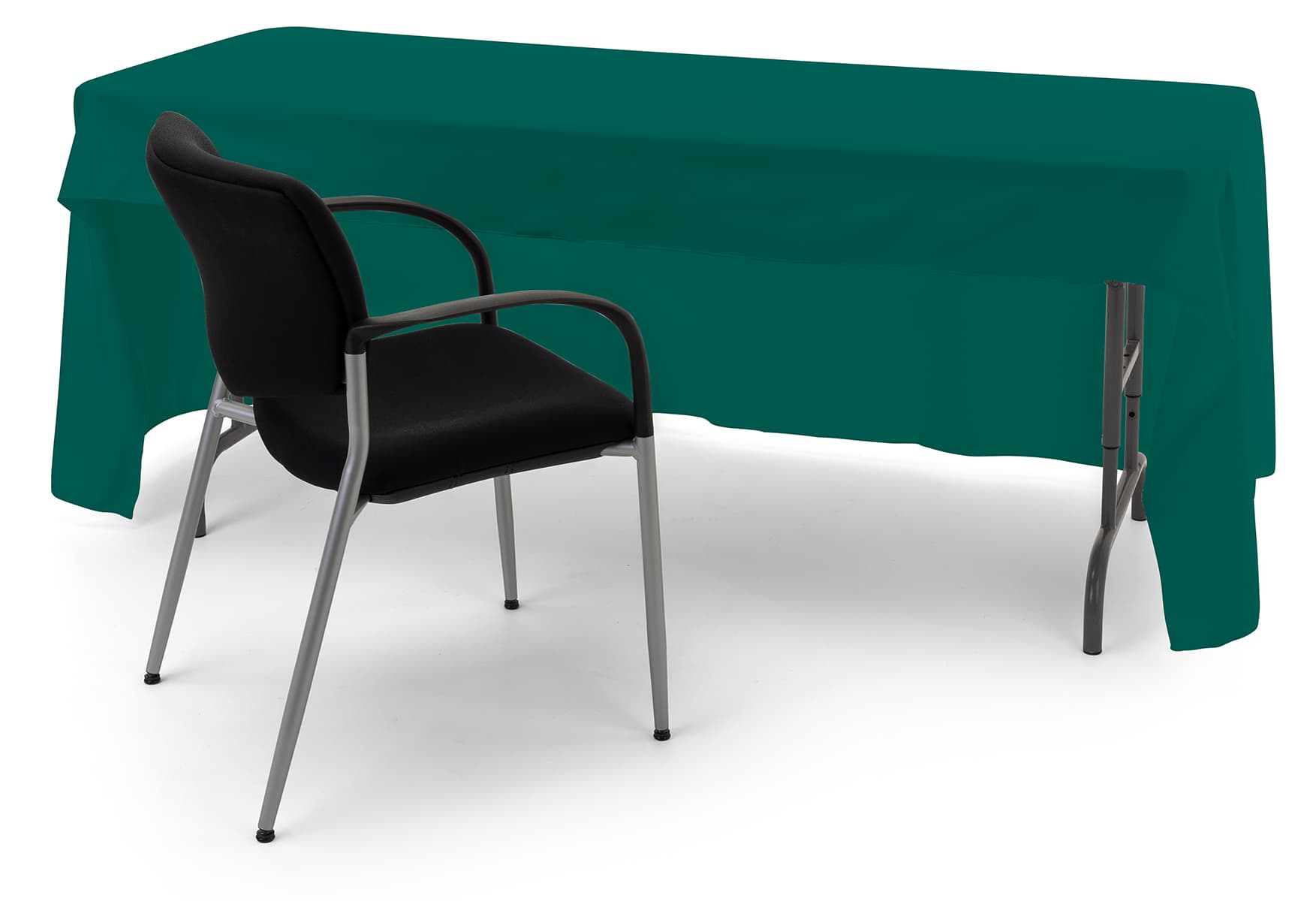 Green 3-sided event table cloth with room for seating and storage