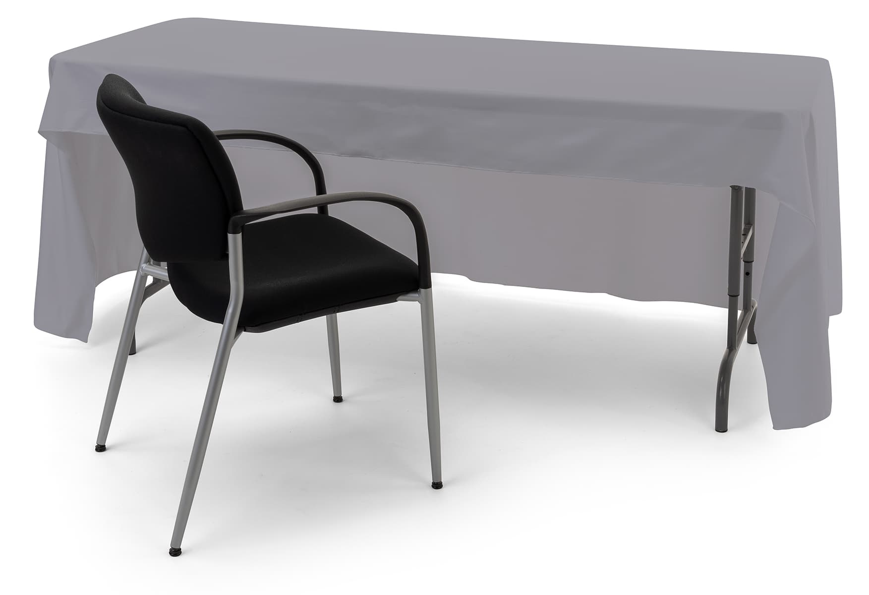 Grey 3-sided event table cloth with room for seating and storage
