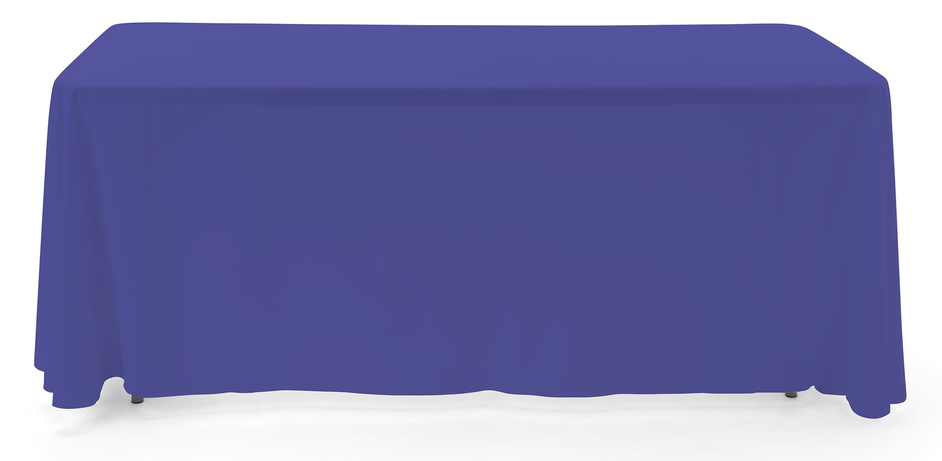 Blue 3-sided event table cloth with rounded top corners to prevent bunching