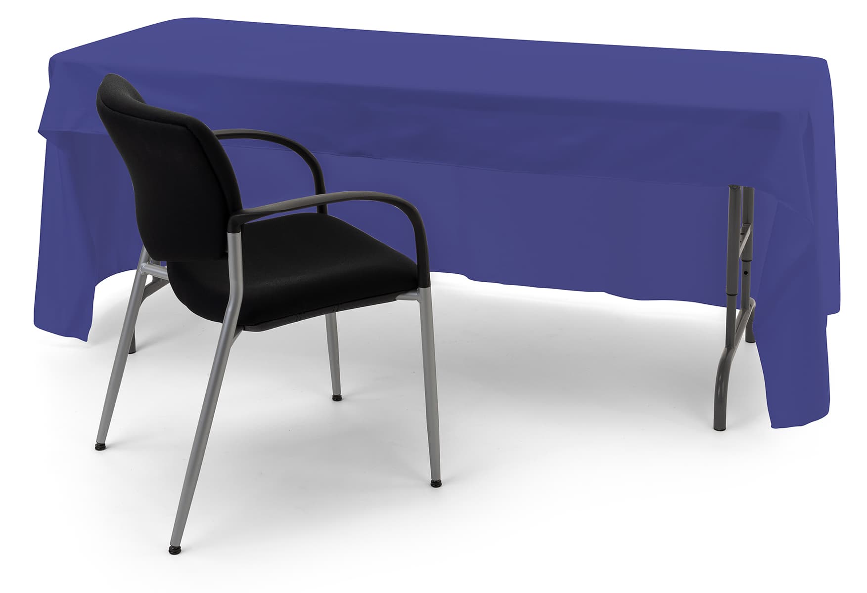 Blue 3-sided event table cloth with room for seating and storage