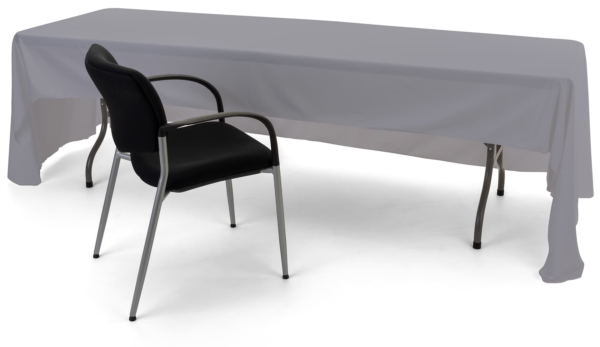 Grey 3-sided event table cloth with easy access to storage and seating from behind