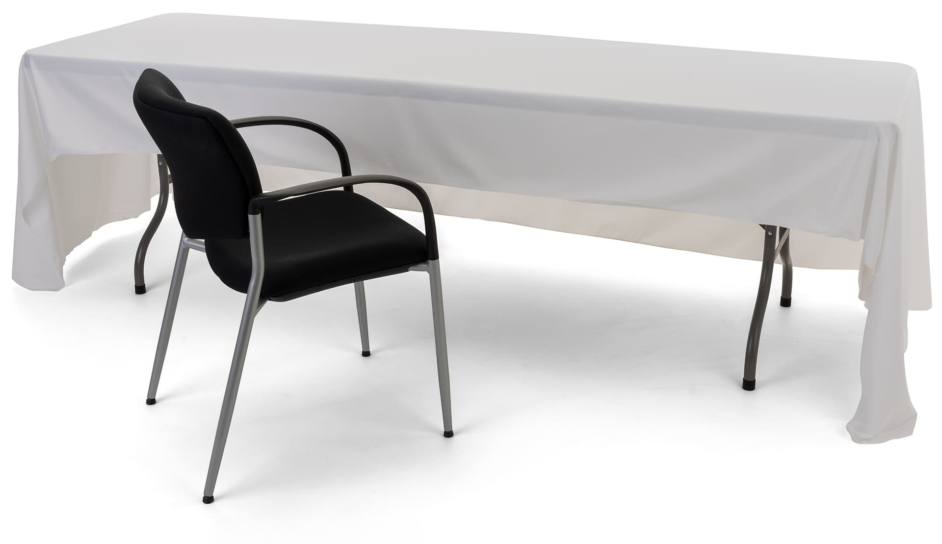 White 3-sided event table cloth with easy access to storage and seating from behind