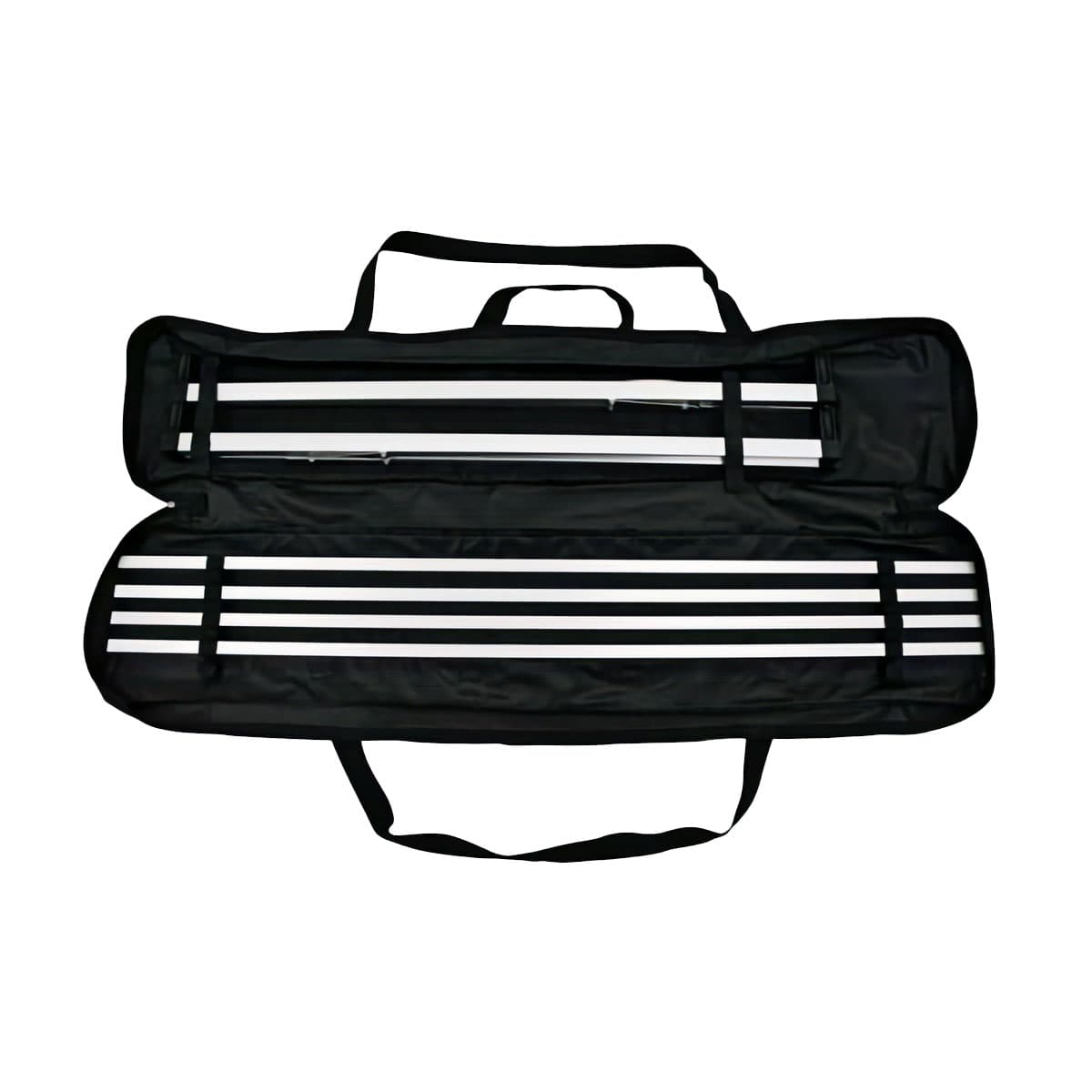 Horizontal a-frame banner display with black carry bag