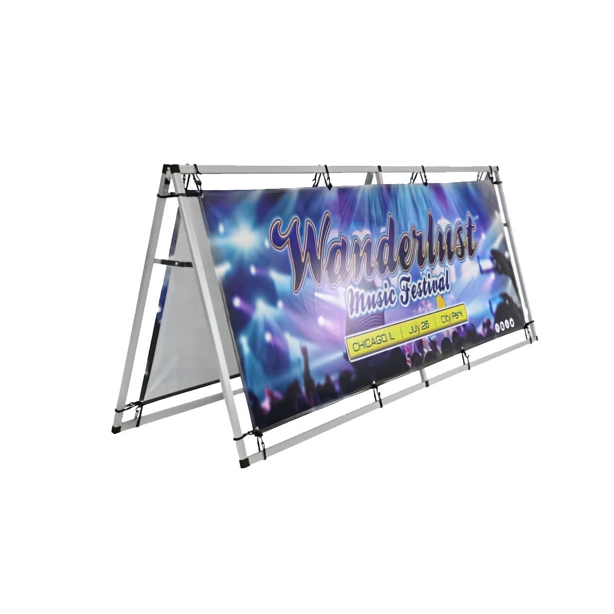 Horizontal a-frame banner display with custom graphics