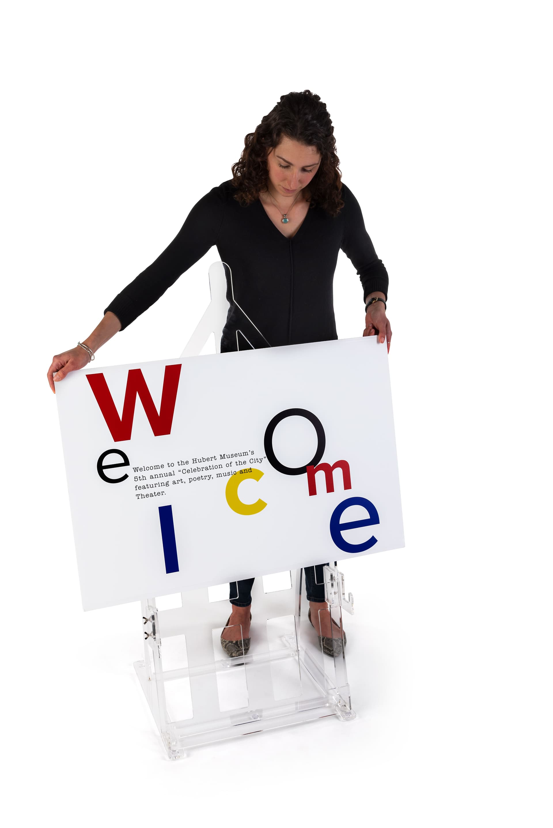 H frame acrylic easel stand with protective rubber on feet