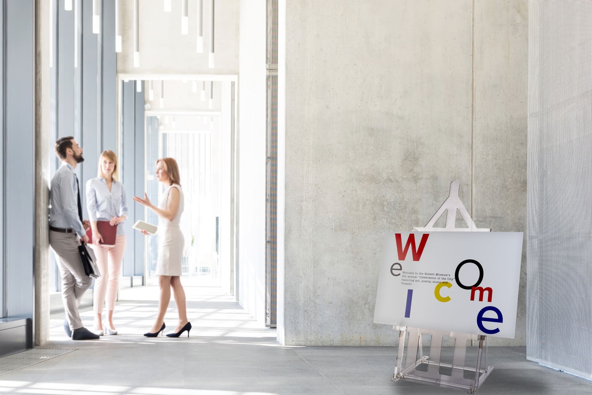H frame acrylic easel stand with welcome sign in lobby