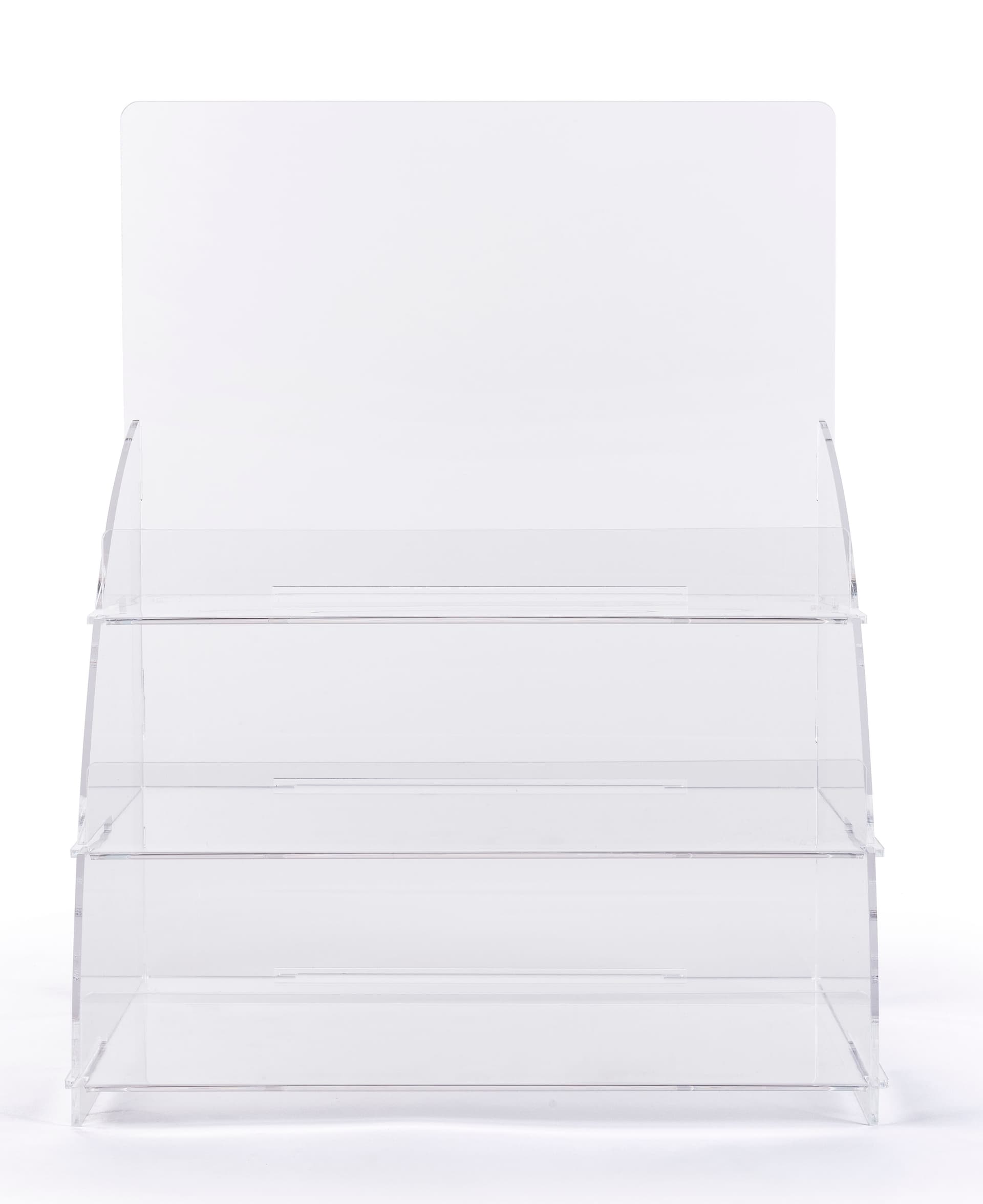 3 Tiered clear countertop merchandising stand with angled sides