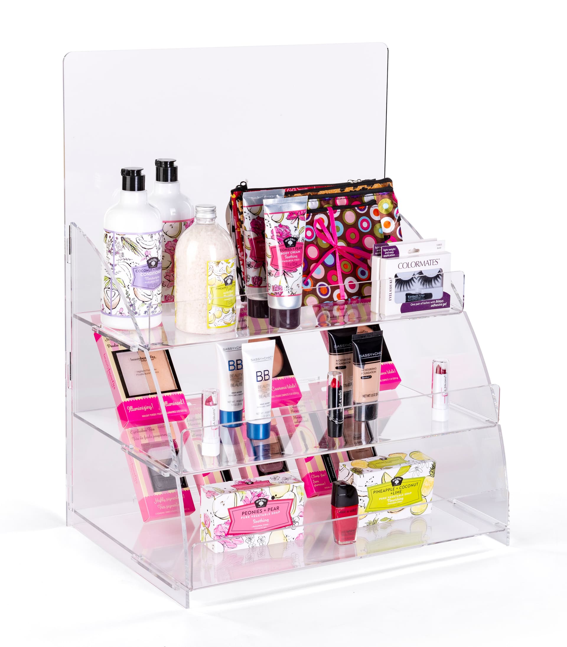 3 Tiered clear countertop merchandising stand easily breaks down
