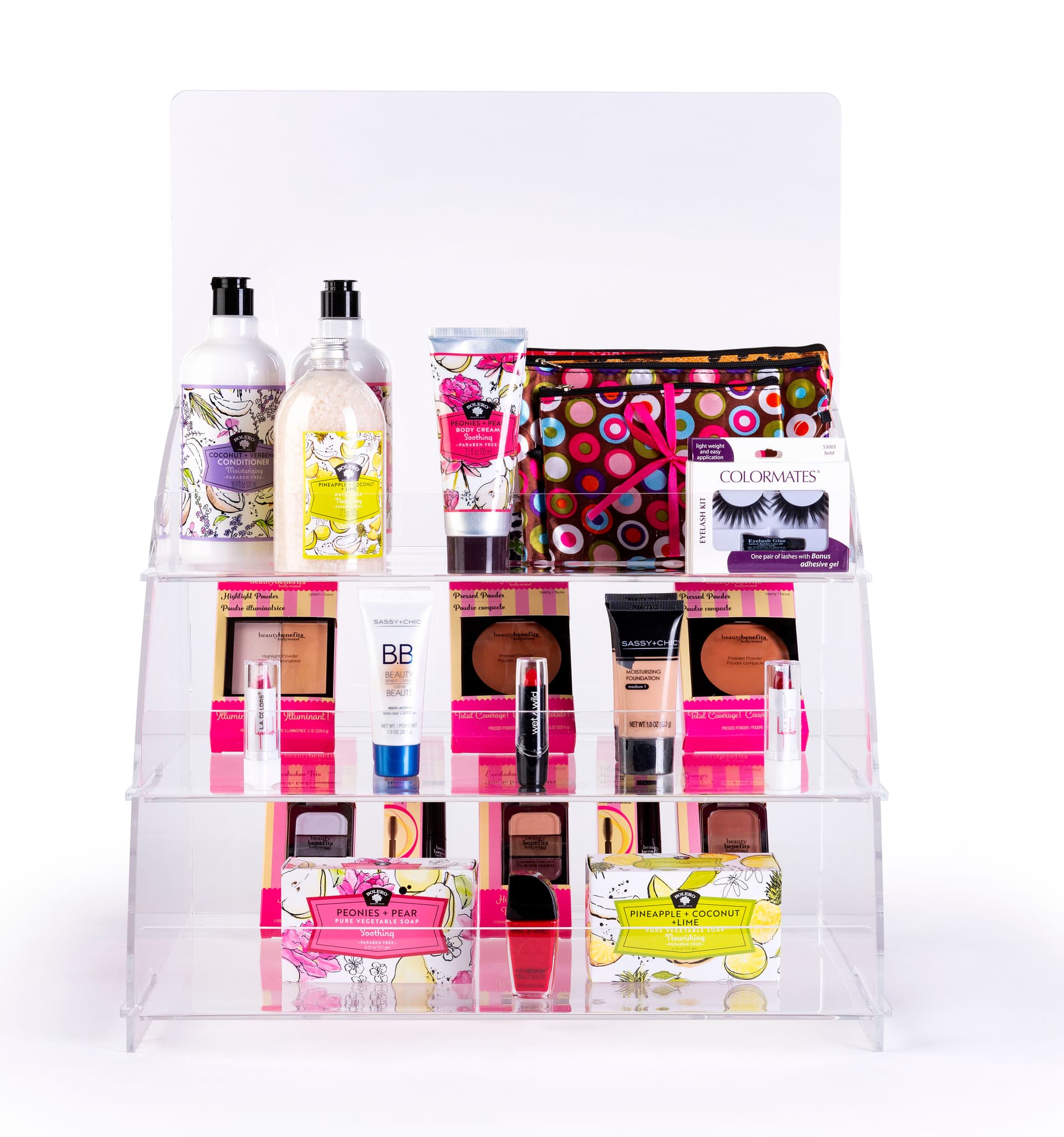 3 Tiered clear countertop merchandising stand with large shelf area