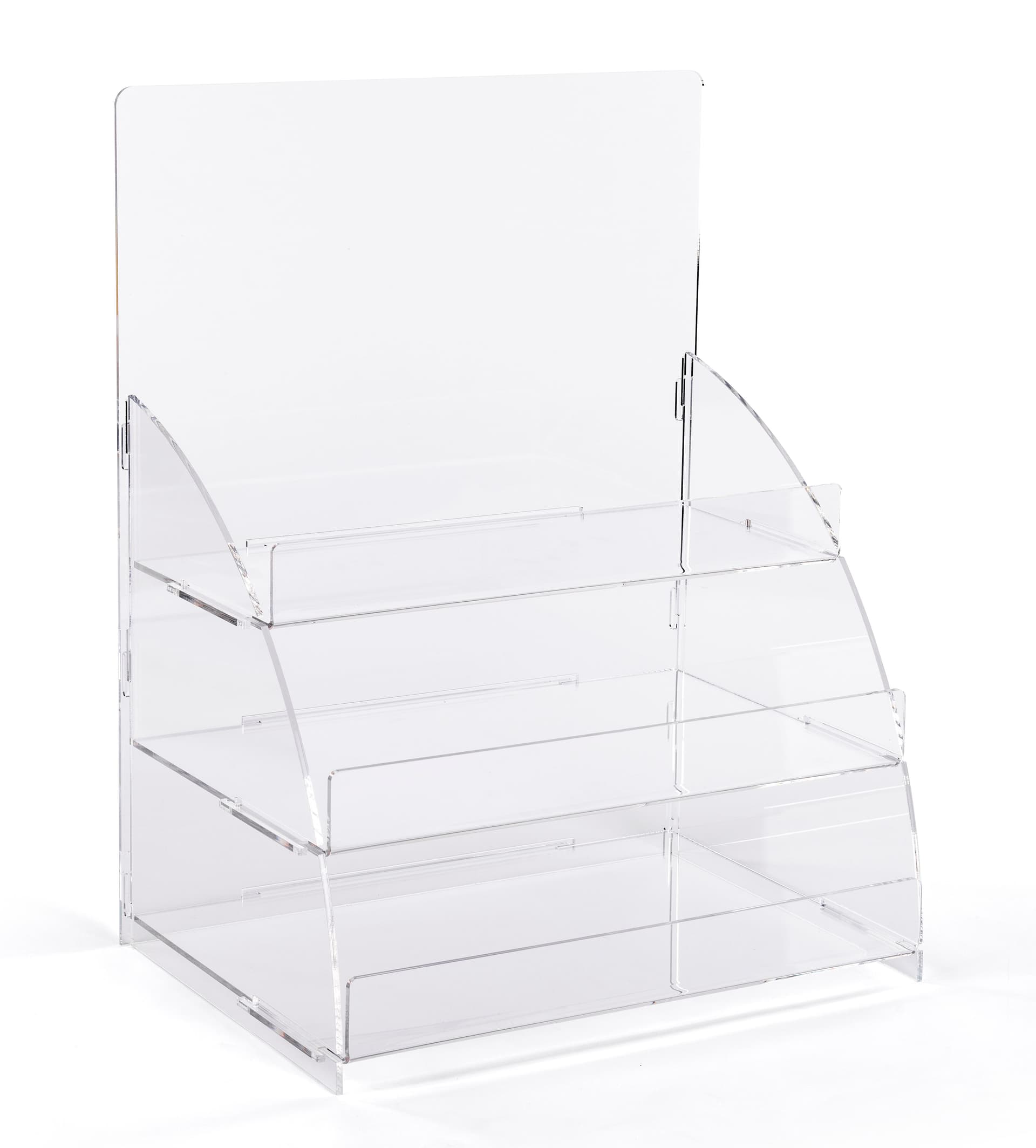 3 Tiered clear countertop merchandising stand with removable shelves