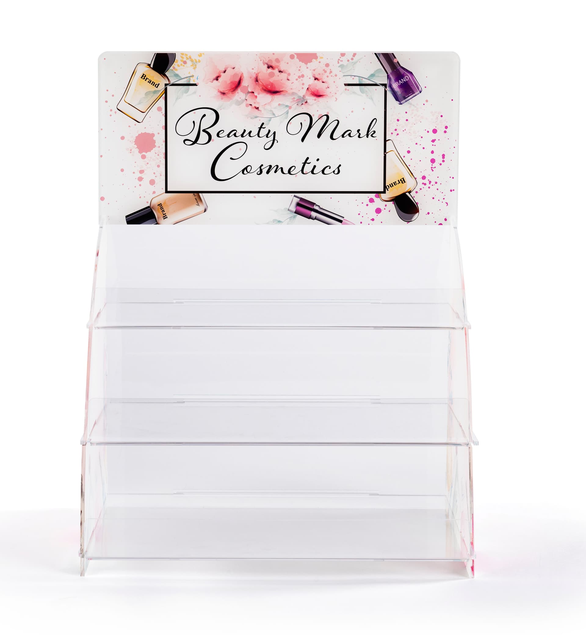 3 Tier acrylic step display with printable header area