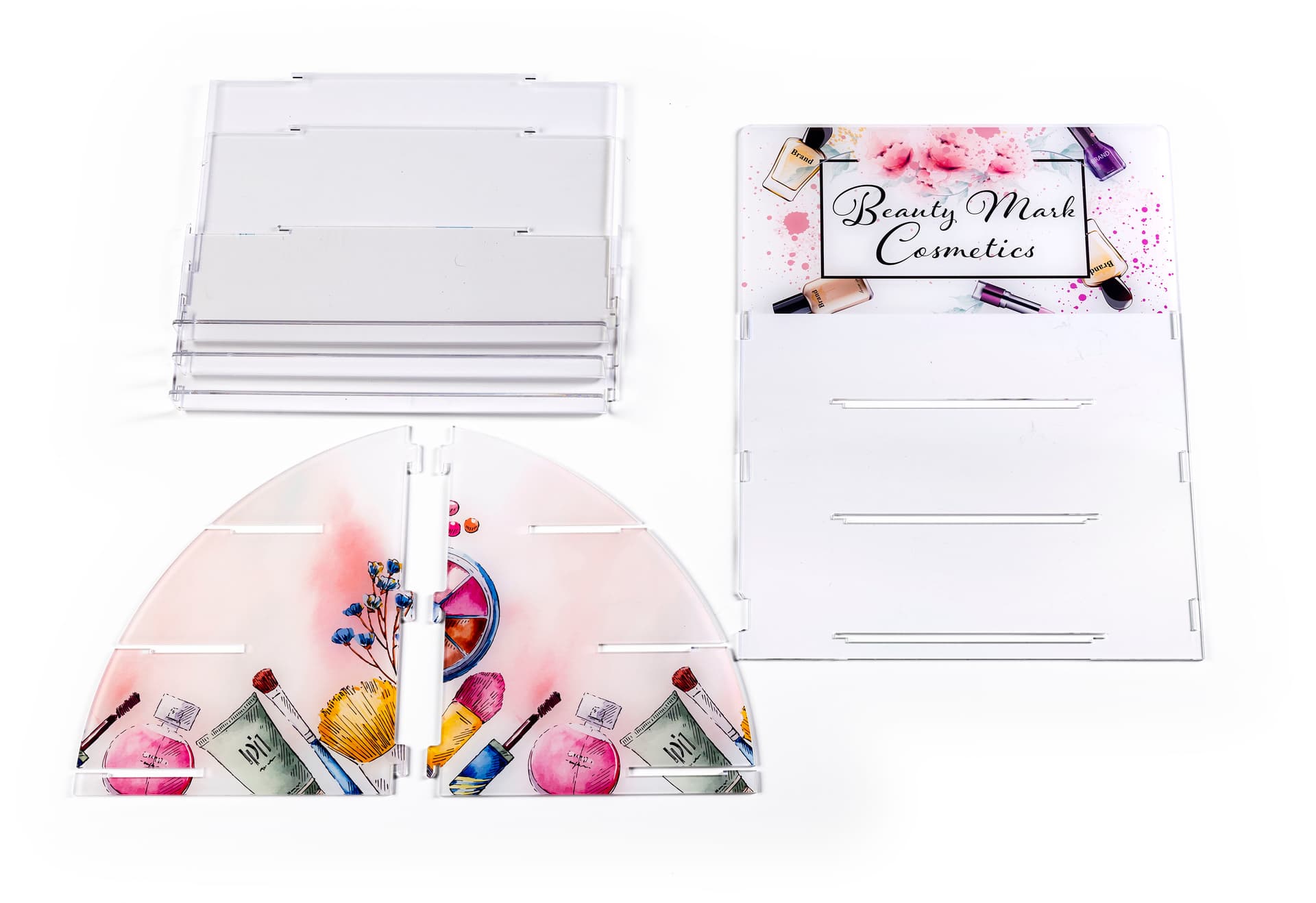 Three tier printed acrylic display shelves features easy assembly