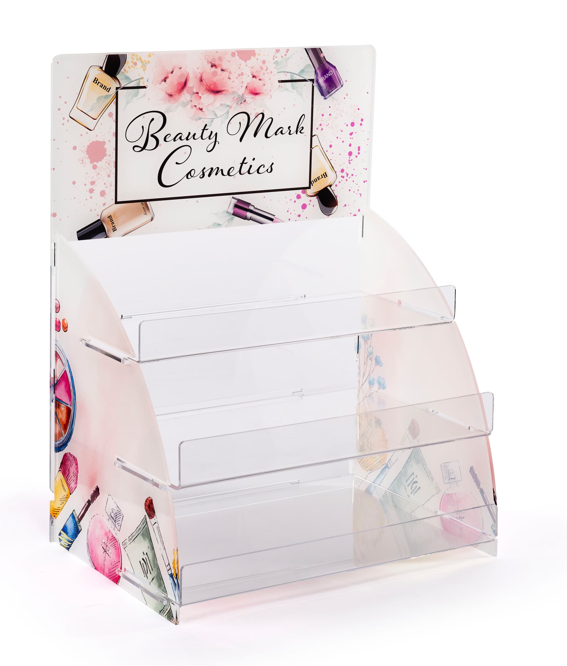 3 Tier acrylic step display with printing on header and or sides