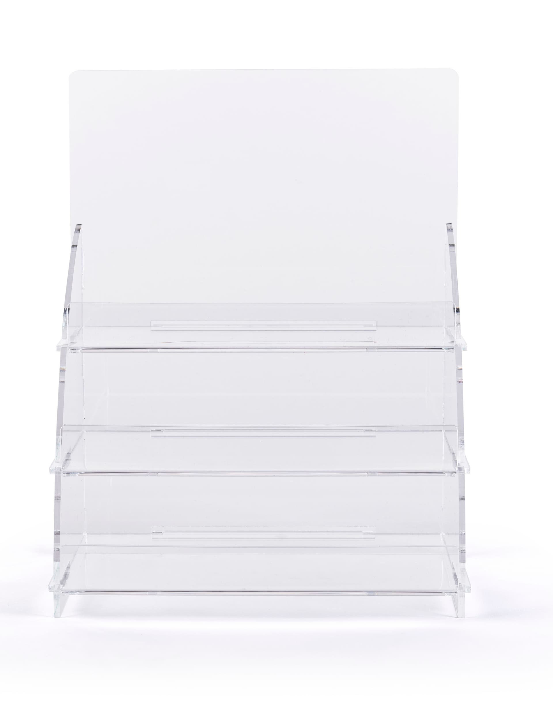 Three tiered acrylic retail countertop rack with interlocking panels