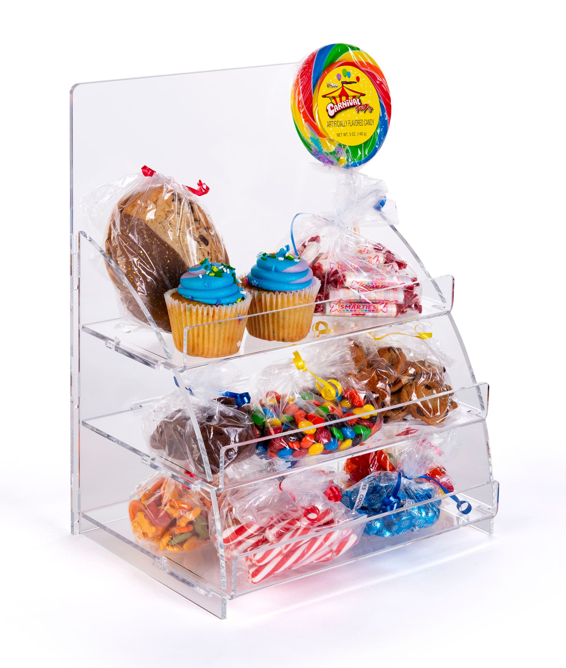 Three tiered acrylic retail countertop rack is easily portable