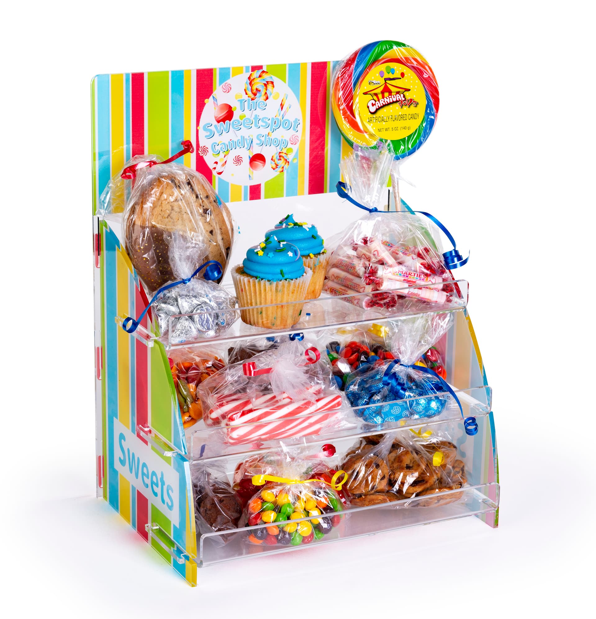 Three tier printed acrylic display shelves with customized graphics