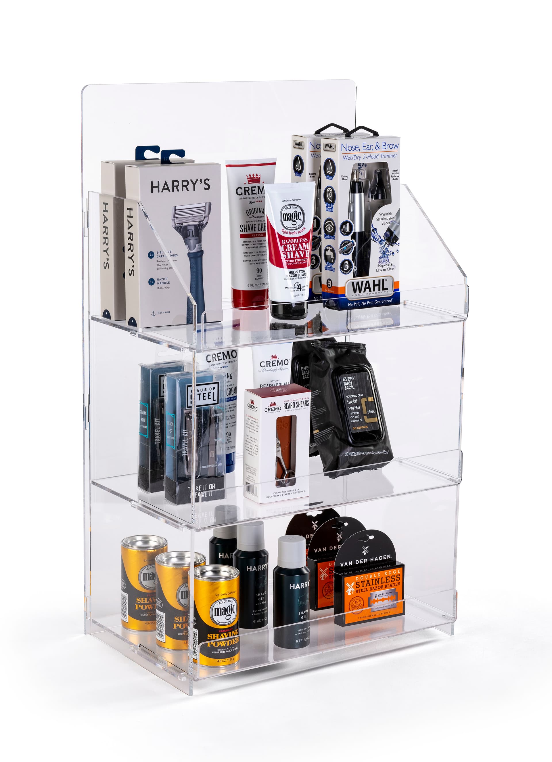 3 shelf countertop acrylic tower stand features squared edges