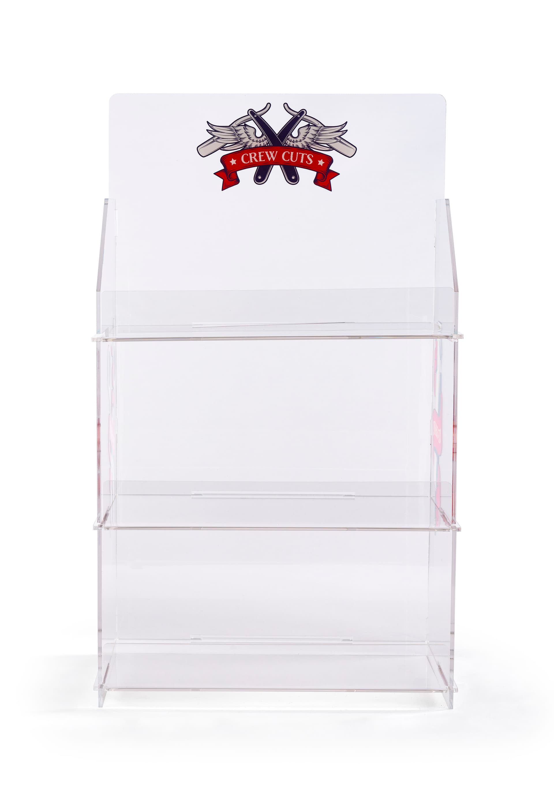 Branded acrylic portable tiered retail shelves features front bent lip on shelves