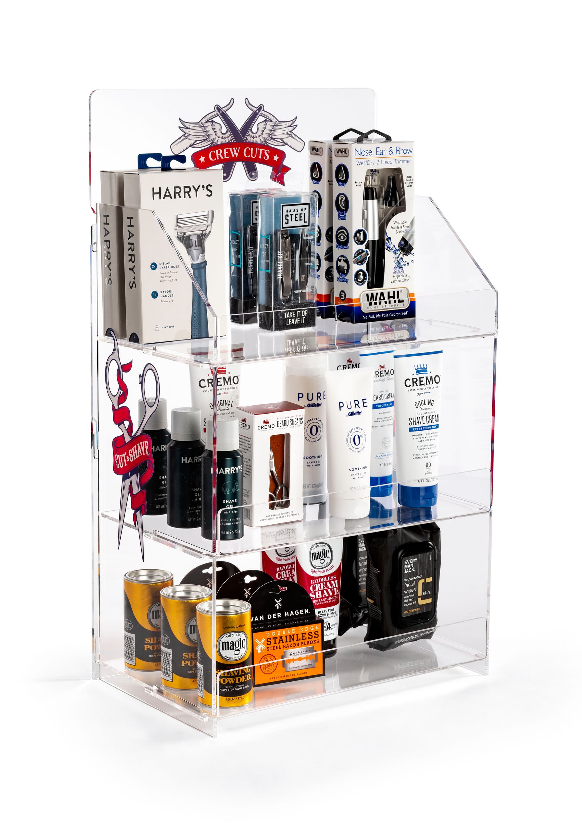 Branded acrylic portable tiered retail shelves with interlocking slots